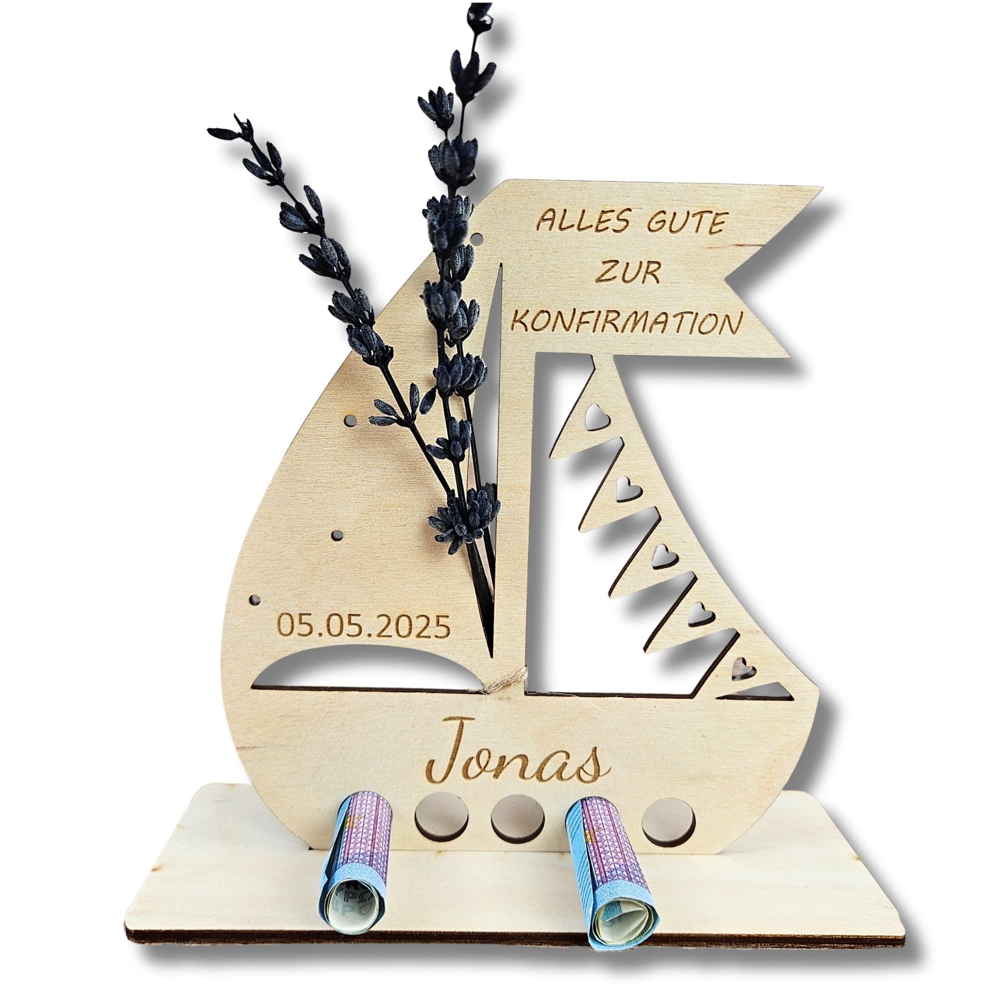 Personalisierte Geldverpackung aus Holz zur Konfirmation mit Name Jonas, Datum und Trockenblumen