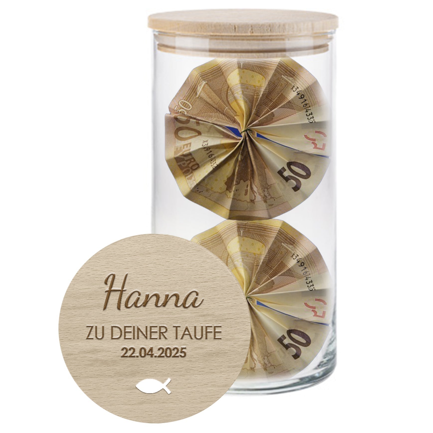 Geschenkidee zur Taufe oder Konfirmation – Vorratsglas mit Namensgravur und Fisch, ideal für Geld oder Süßigkeiten.