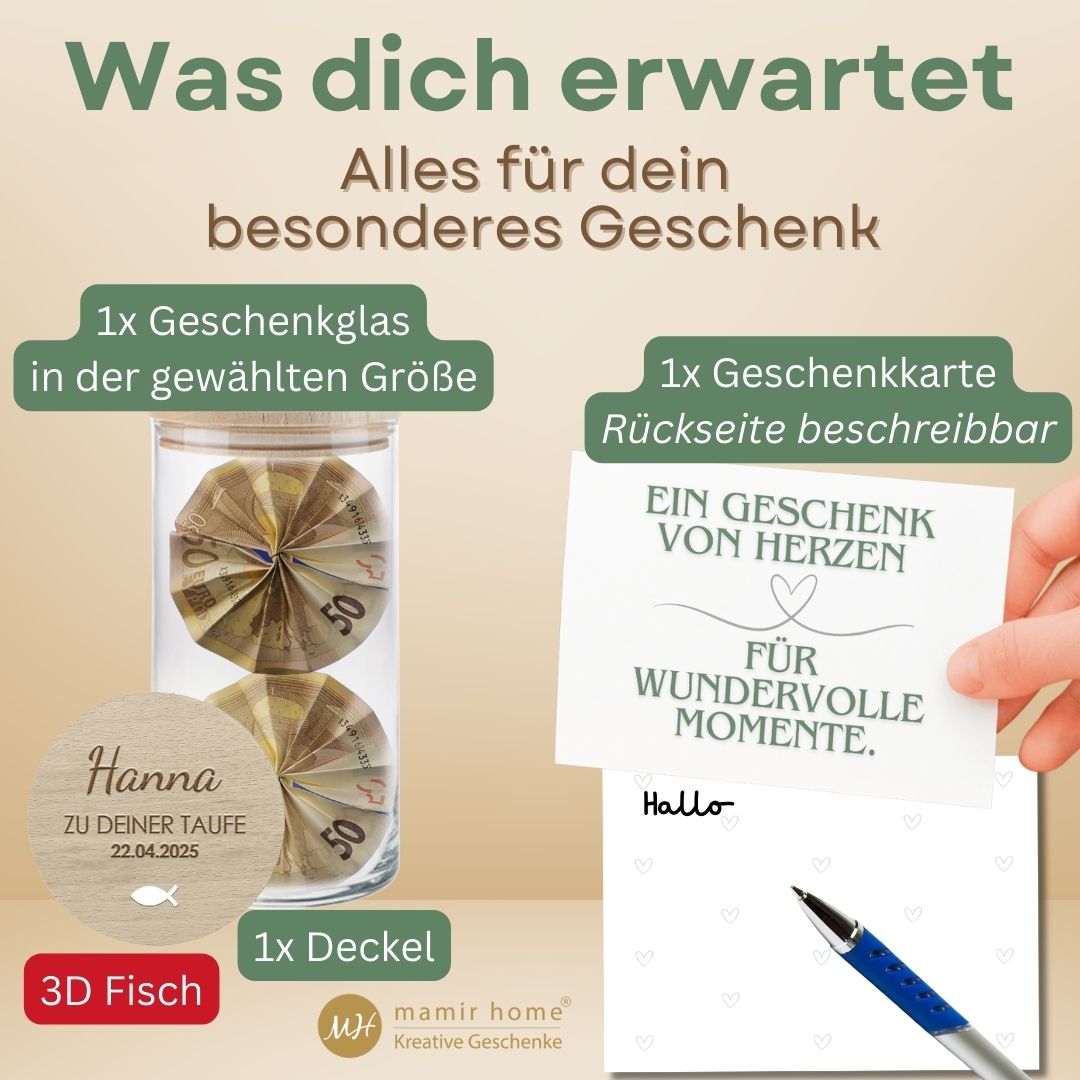 Personalisiertes Vorratsglas mit Name und Fischsymbol – ideal als Geldgeschenk zur Taufe oder Konfirmation für Mädchen oder Jungen.