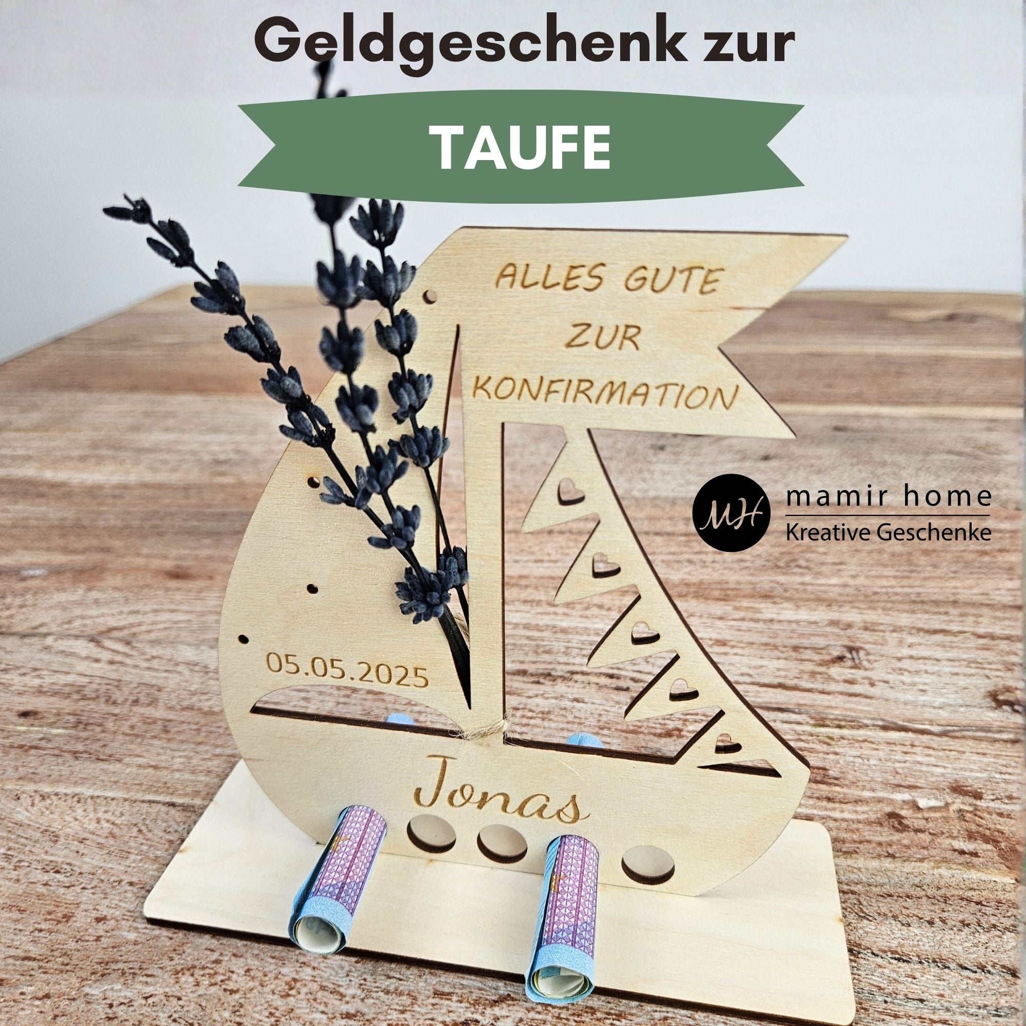 Geldgeschenk Holzschiff mit Gravur Alles Gute zur Konfirmation, ideal für Taufe, Konfirmation oder Kommunion