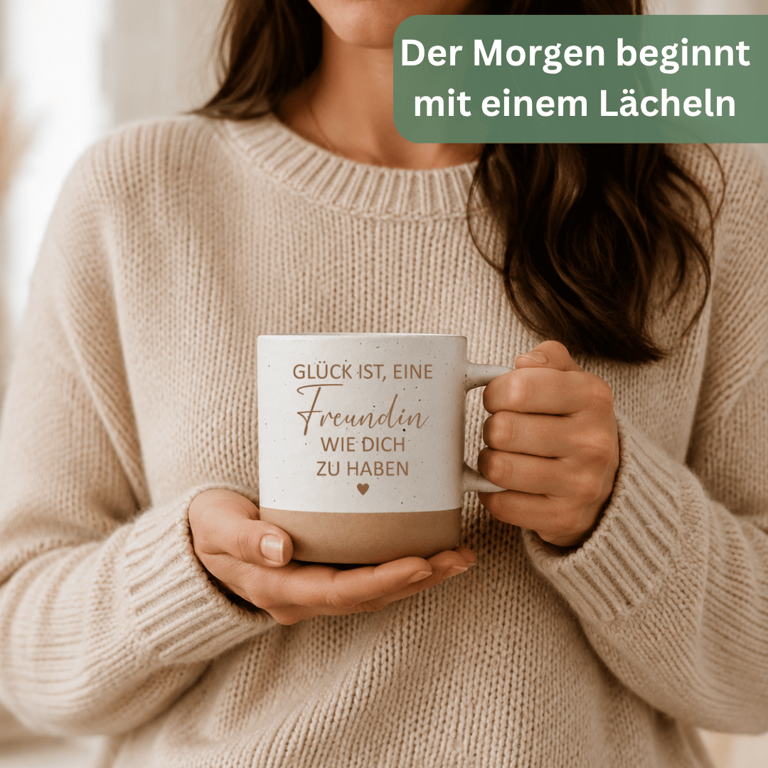 Geschenk für Freundin – Steingut Tasse „Glück ist, eine Freundin wie dich zu haben“
