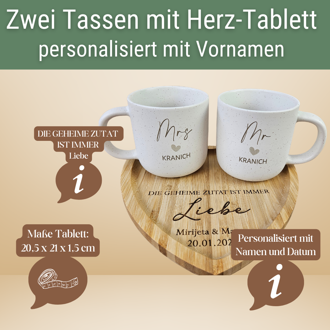 Hochzeitsgeschenk personalisiert – Mr & Mrs Tassen mit Namen & Herz-Tablett | Geschenk für das Brautpaar | Steingut Tasse Neutral