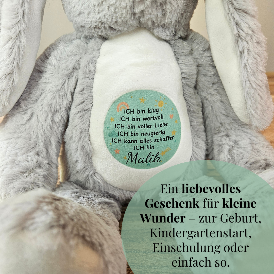 Kuscheltier mit Namen und Mutmach-Spruch in Mint – liebevolles Geschenk für kleine Wunder zur Geburt oder Einschulung.