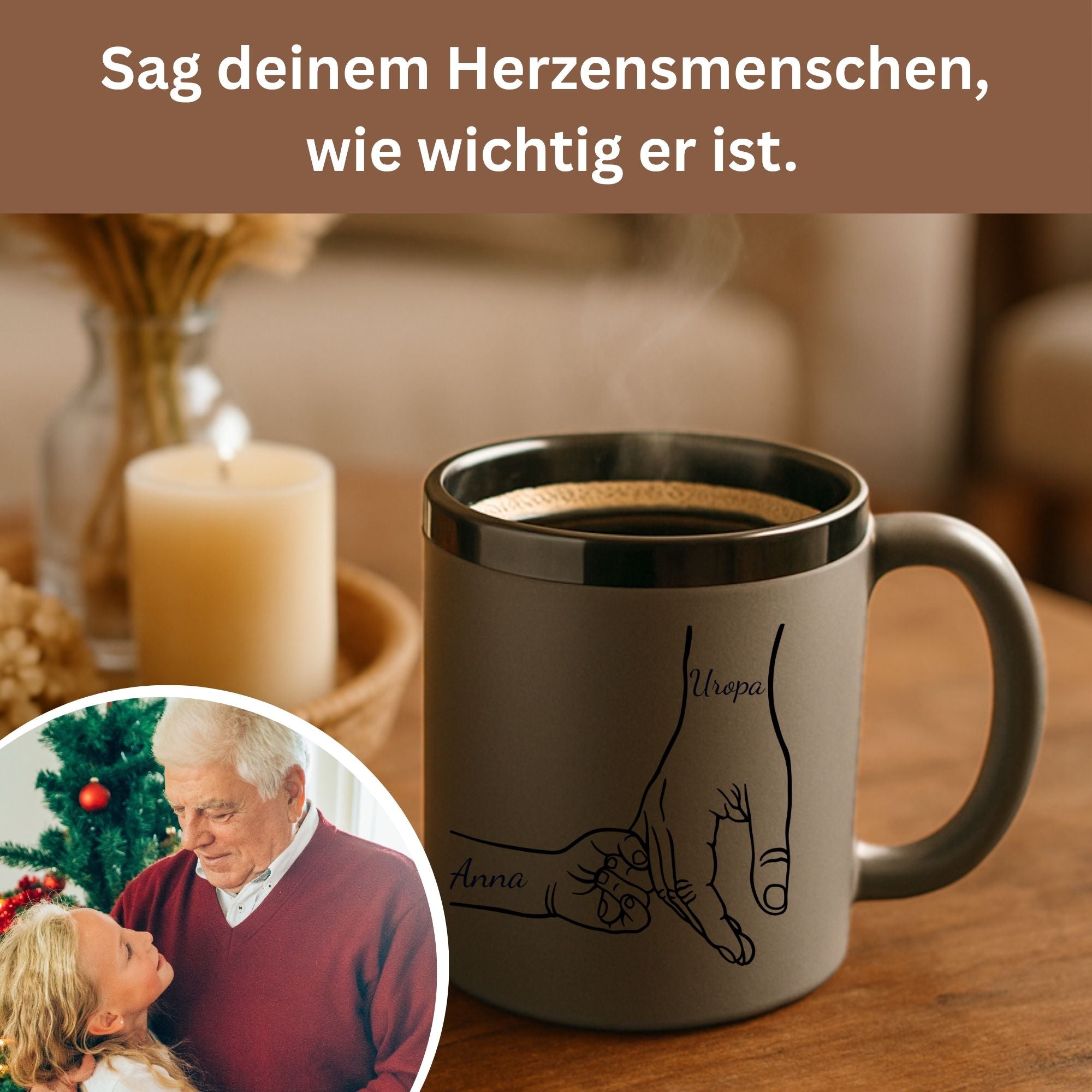 Personalisierte Papa Tasse mit Kaffee von oben fotografiert, Geschenkidee für Papa oder Opa, handgefertigt in Deutschland.