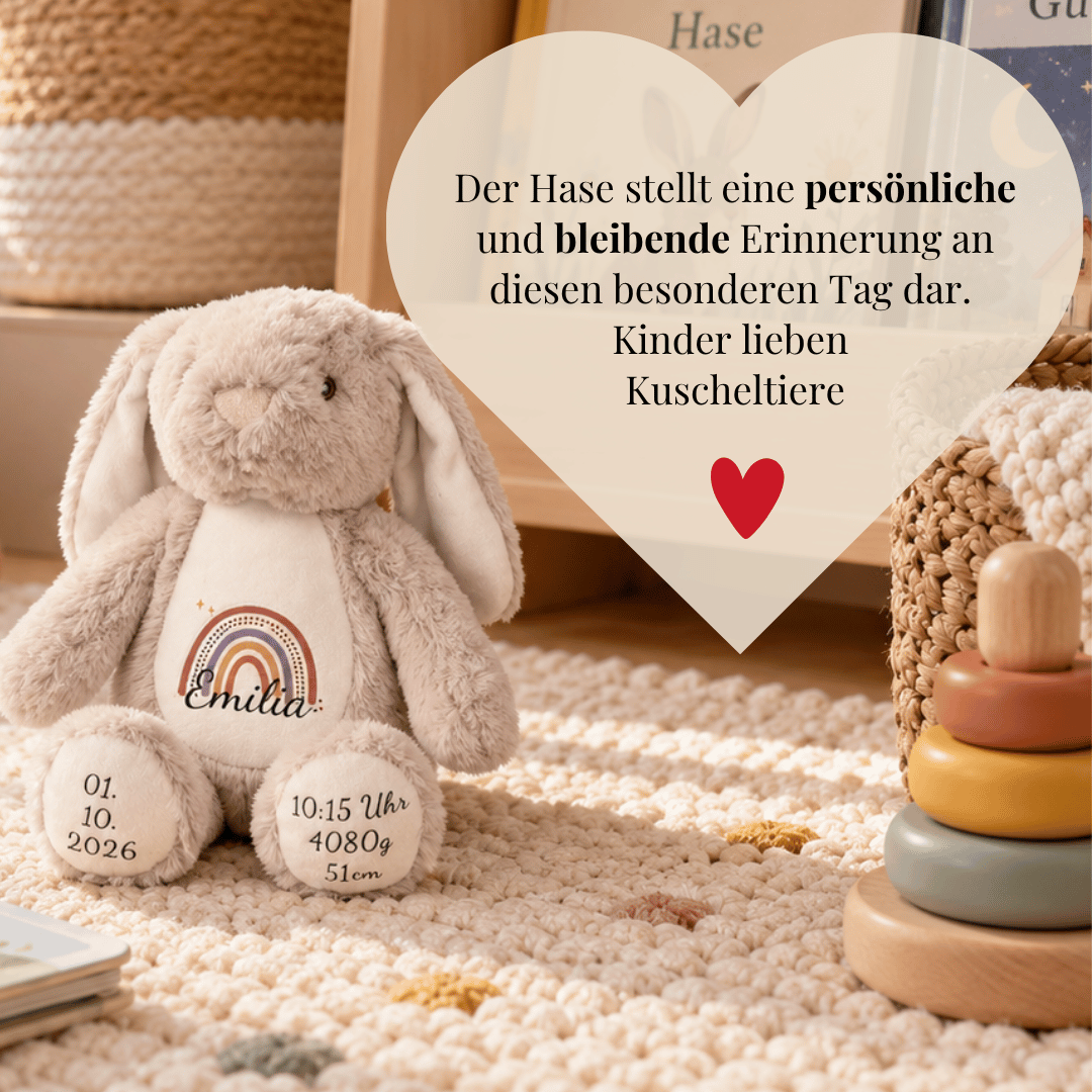 Personalisierter Kuschelhase mit Name und Geburtsdaten | Regenbogen Design