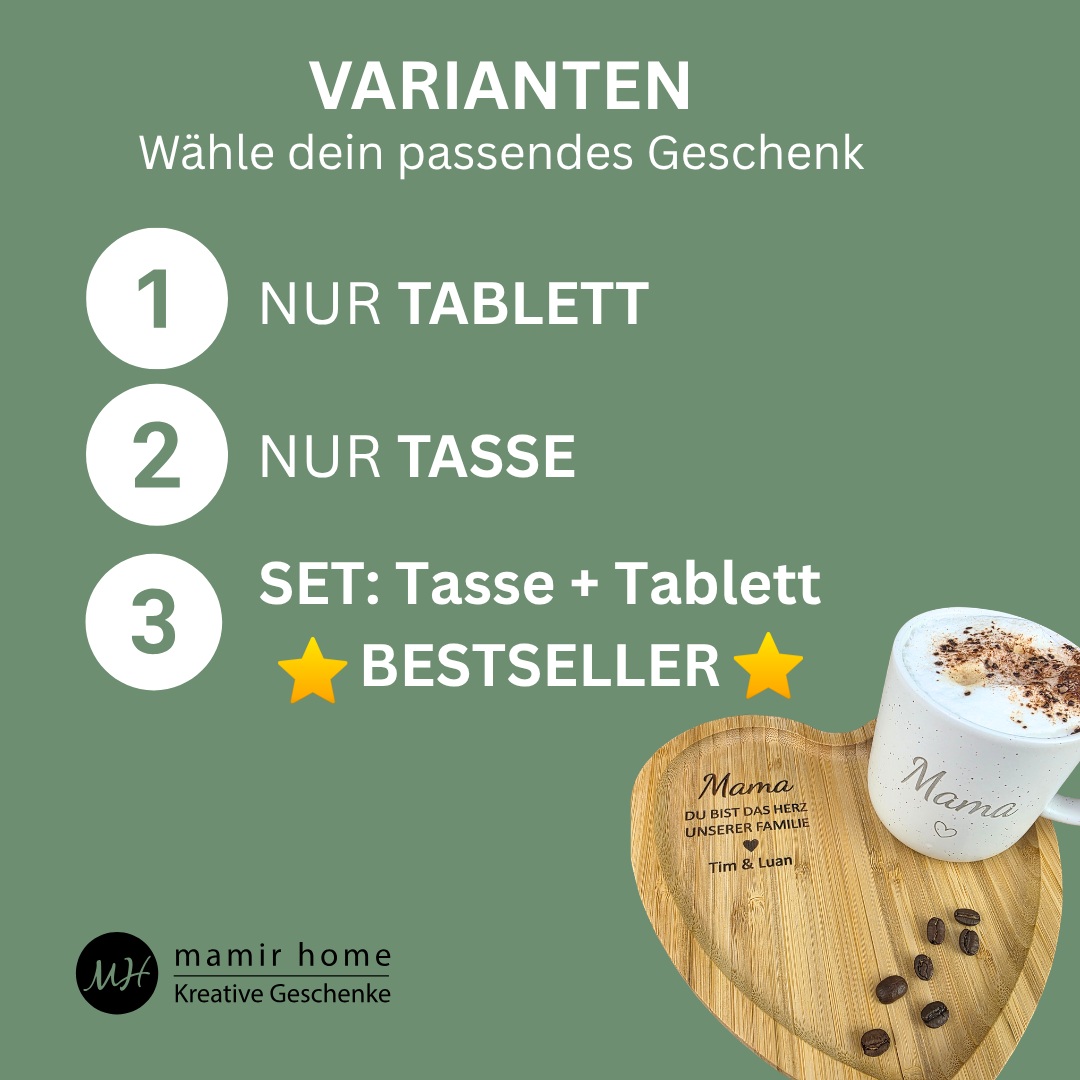 Muttertagsgeschenk Mama personalisiert – Tasse Mama & Herz Tablett mit Gravur | Geschenk für Mama & Oma | Du bist das Herz unserer Familie + Namen