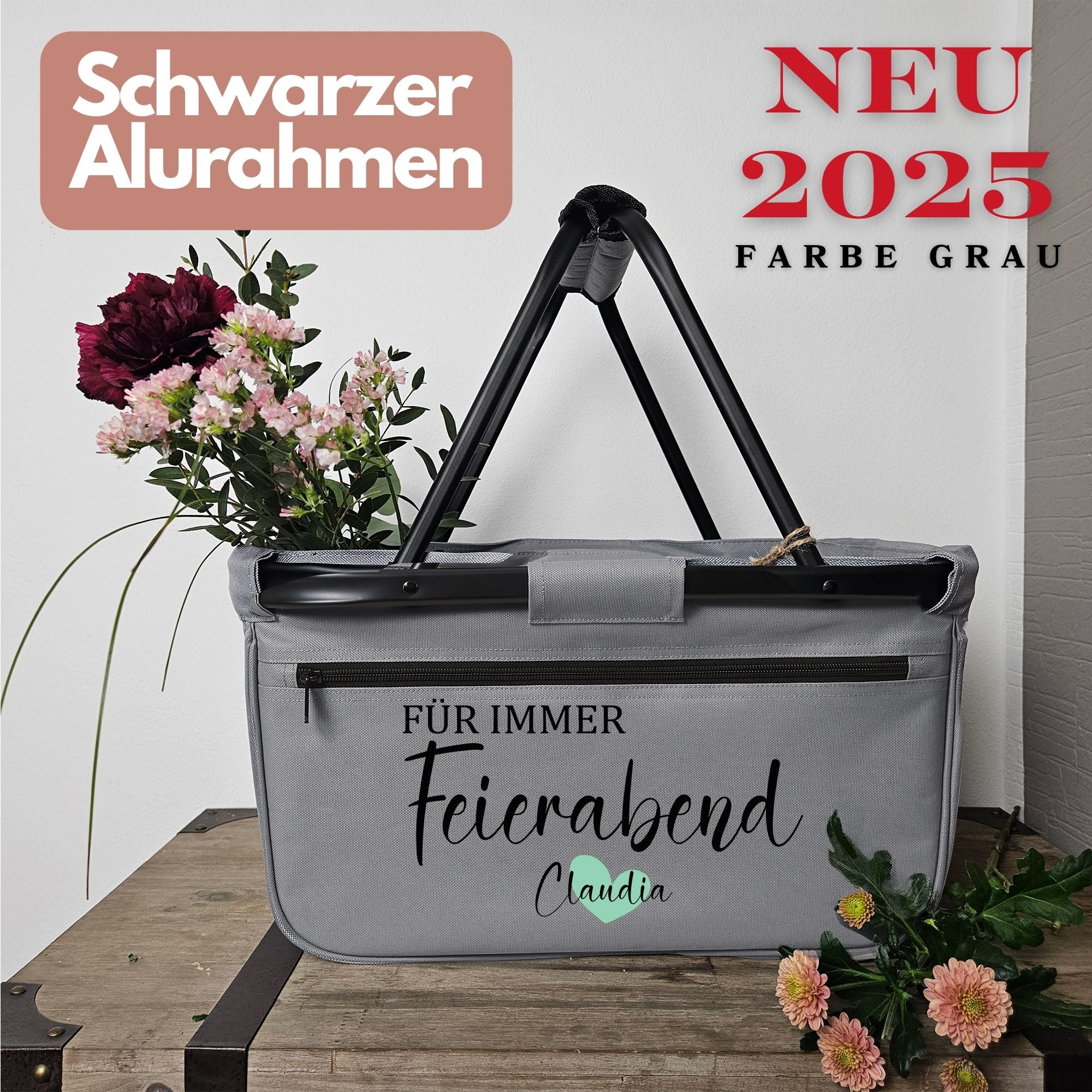 Geschenkidee zur Rente – Einkaufskorb mit schwarzen Henkeln – Text: NEU 2025 – Farbe Grau – mit Blumen dekoriert