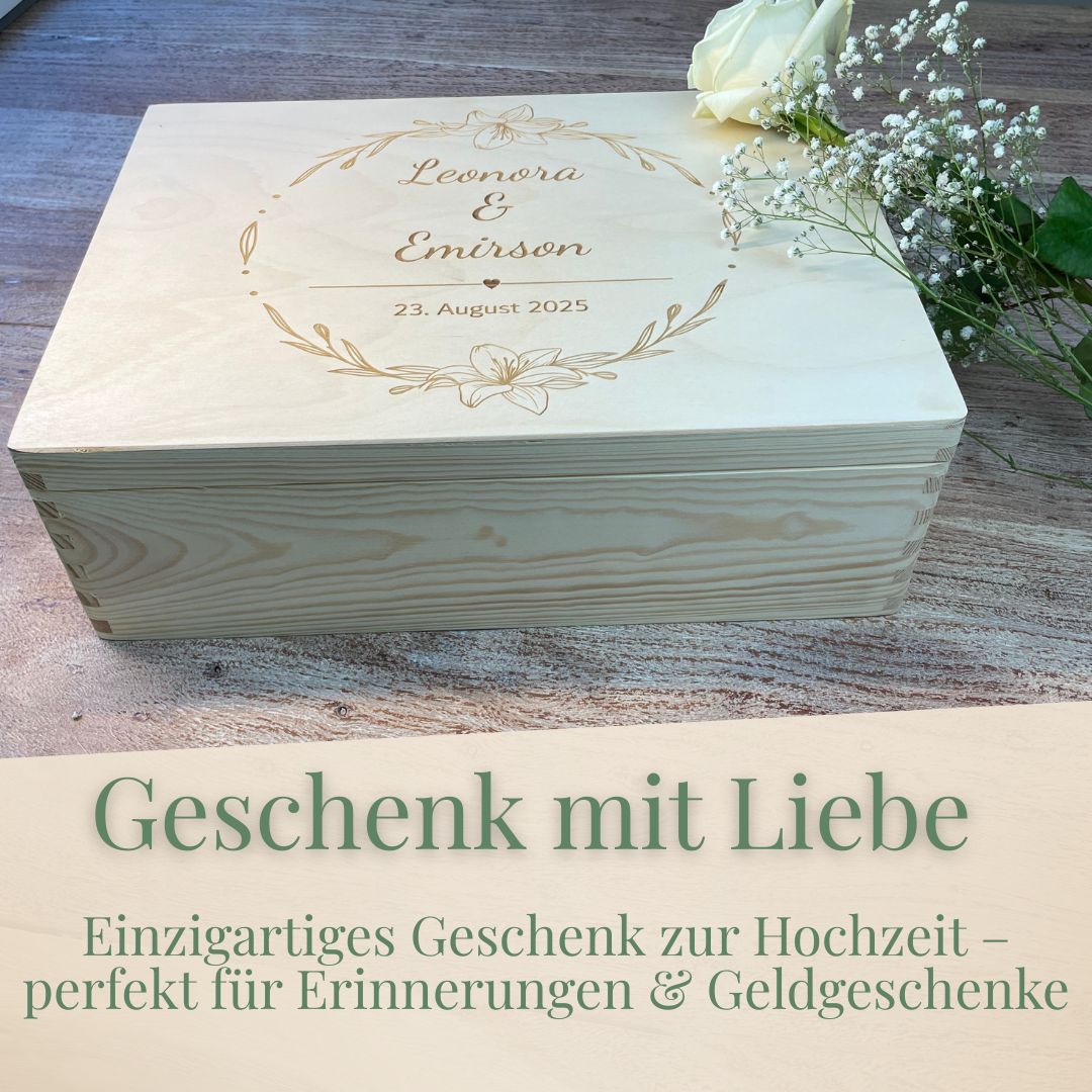 Personalisierte Hochzeitsbox aus Holz mit Blumengravur – Geschenk mit Liebe zur Hochzeit und für Geldgeschenke geeignet.