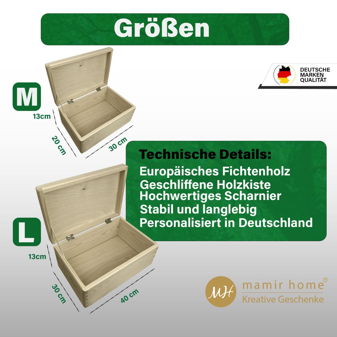 Technische Details der personalisierten Geschenkbox Hochzeit mit Maßen, Scharnieren und Herkunft aus europäischer Herstellung.