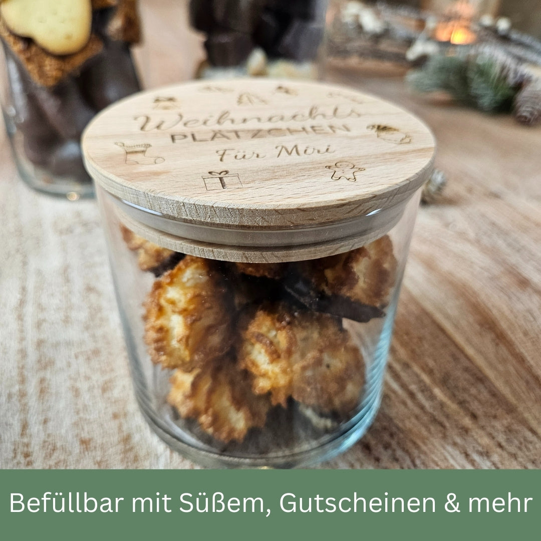 Weihnachts-Geschenkglas befüllbar mit Süßigkeiten, Plätzchen, Gutscheinen; personalisierte Gravur