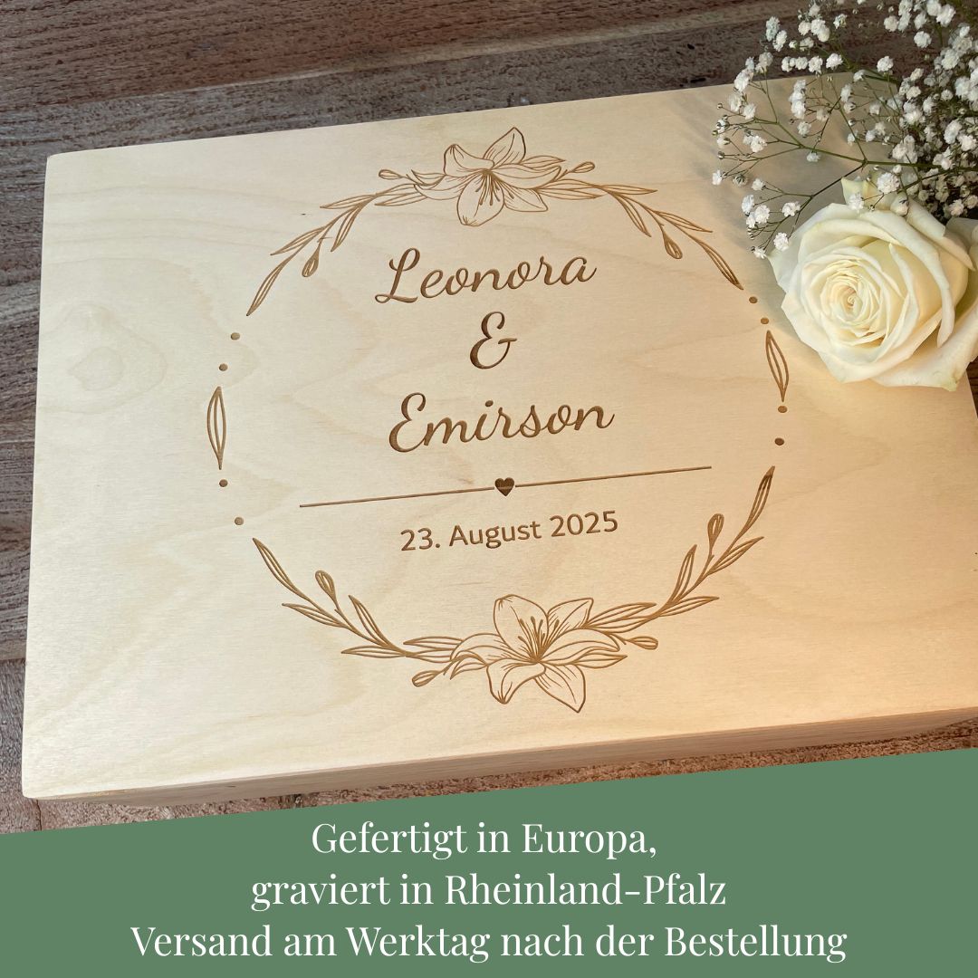 Gravierte Hochzeitsbox aus Holz, gefertigt in Europa und graviert in Rheinland-Pfalz – nachhaltiges Hochzeitsgeschenk mit Stil.