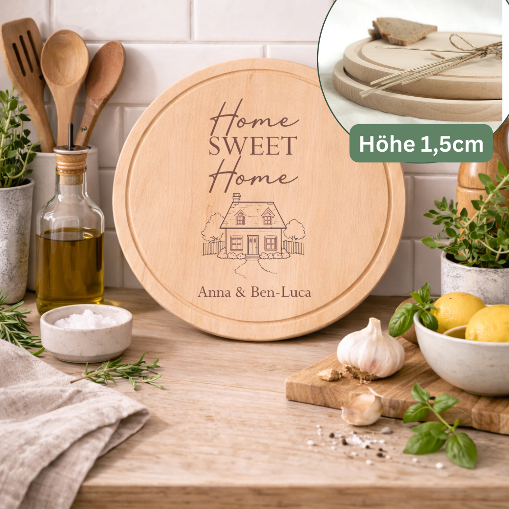 Personalisierte Geschenkidee zum Einzug – Rundes Schneidebrett Home Sweet Home aus Holz mit Gravur & Namen (20 cm / 25 cm)
