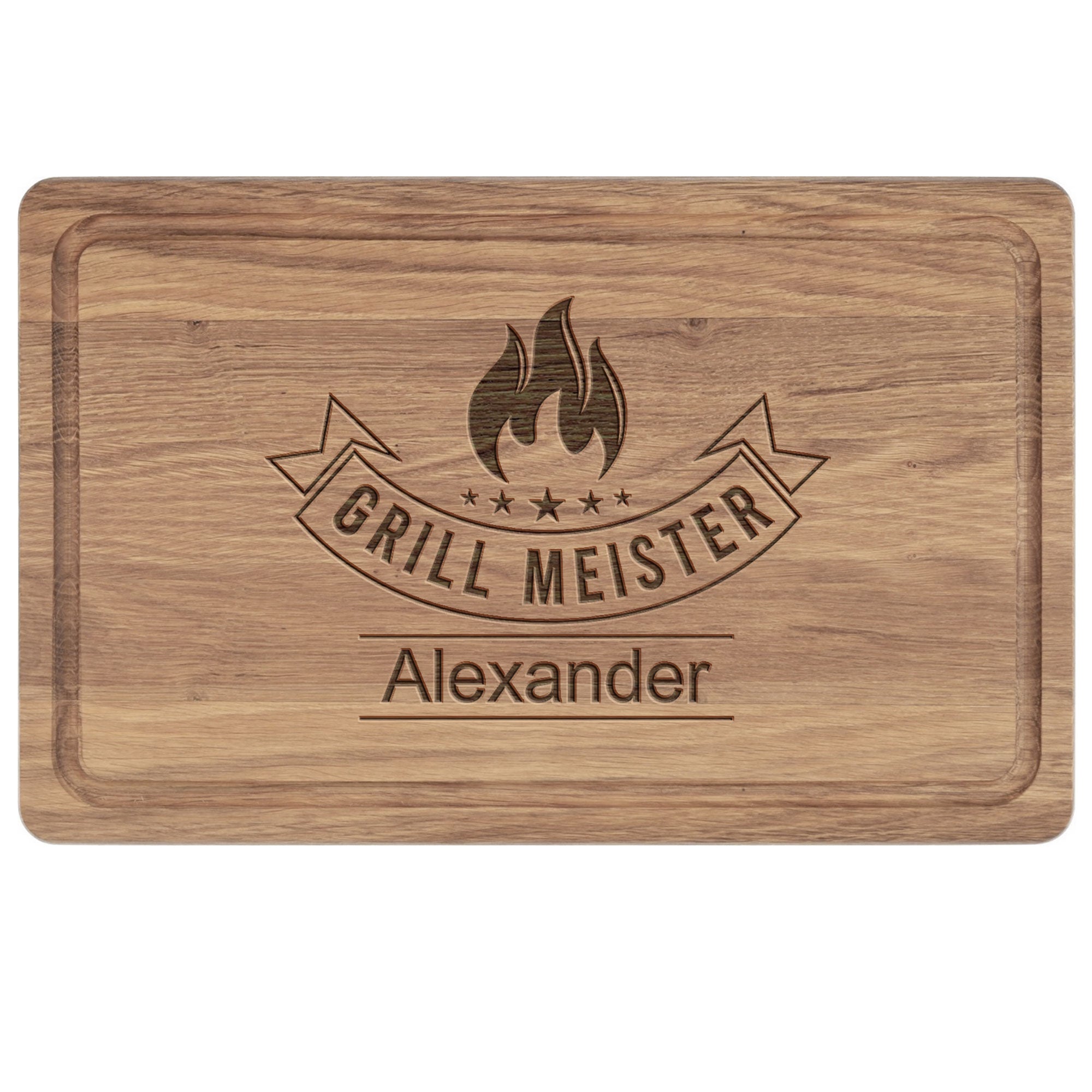 Personalisierbares Schneidebrett aus Eiche mit Gravur „Grillmeister“ und Name – perfektes Geschenk für Männer