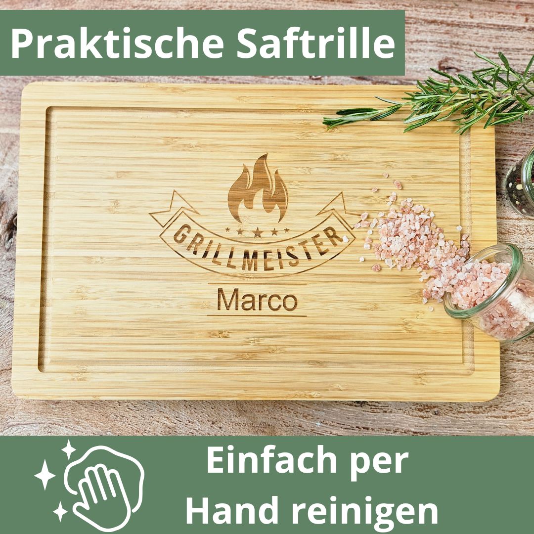 Grillbrett mit Saftrille aus Bambus – einfach per Hand zu reinigen, nachhaltig und ein persönliches Geschenk für Grillfreunde.