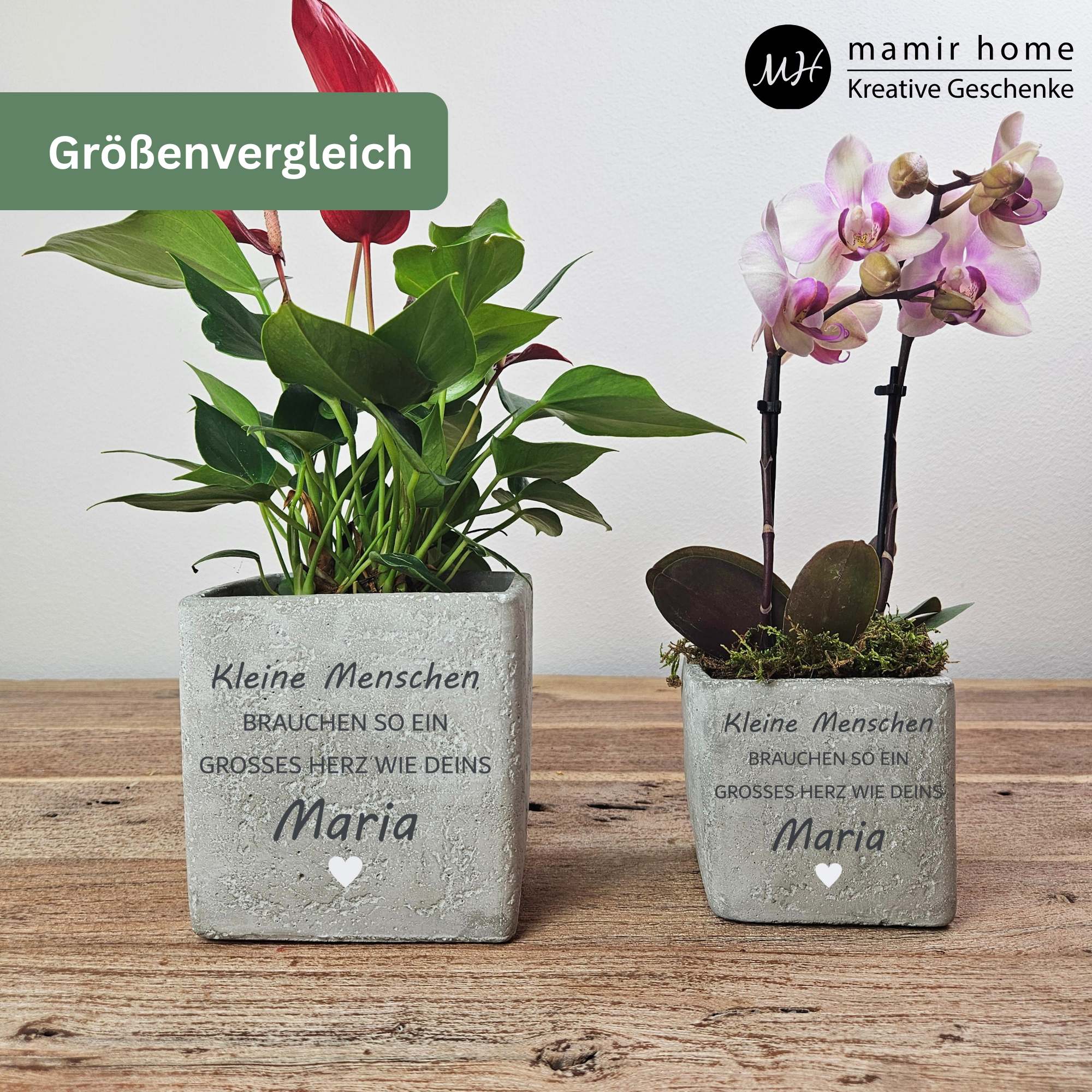 Abschiedsgeschenk Erzieherin personalisiert – Blumentopf aus Beton mit Gravur & 3D Herz - 2 Größen