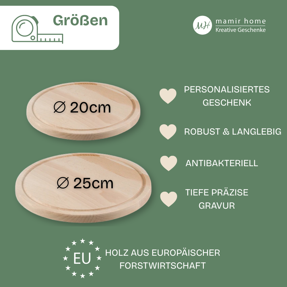 Personalisierte Geschenkidee zum Einzug – Rundes Schneidebrett Home Sweet Home aus Holz mit Gravur & Namen (20 cm / 25 cm)