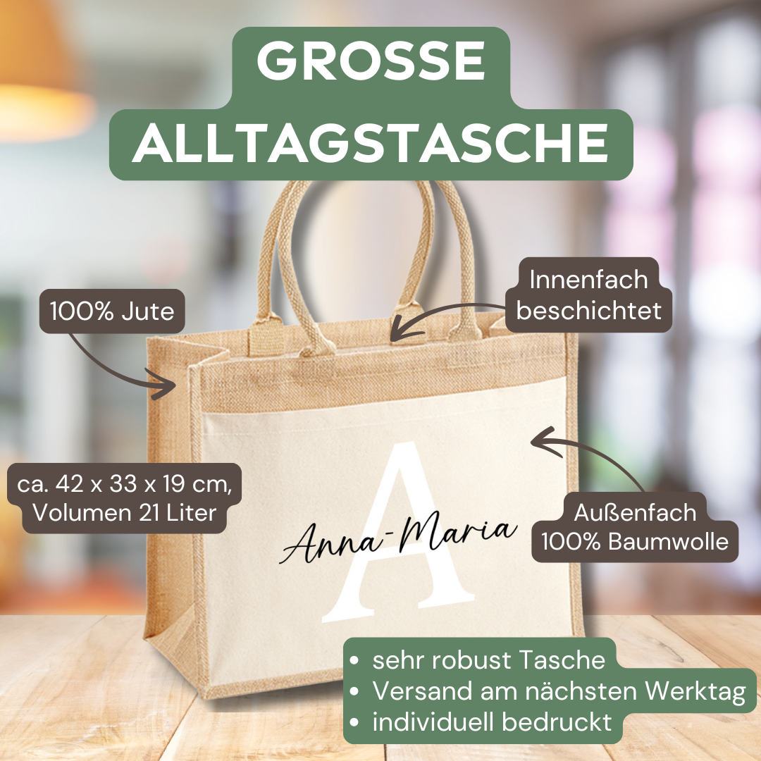 Große personalisierte Einkaufstasche mit Initial und Namen – nachhaltiges Geschenk für Frauen mit Stil.