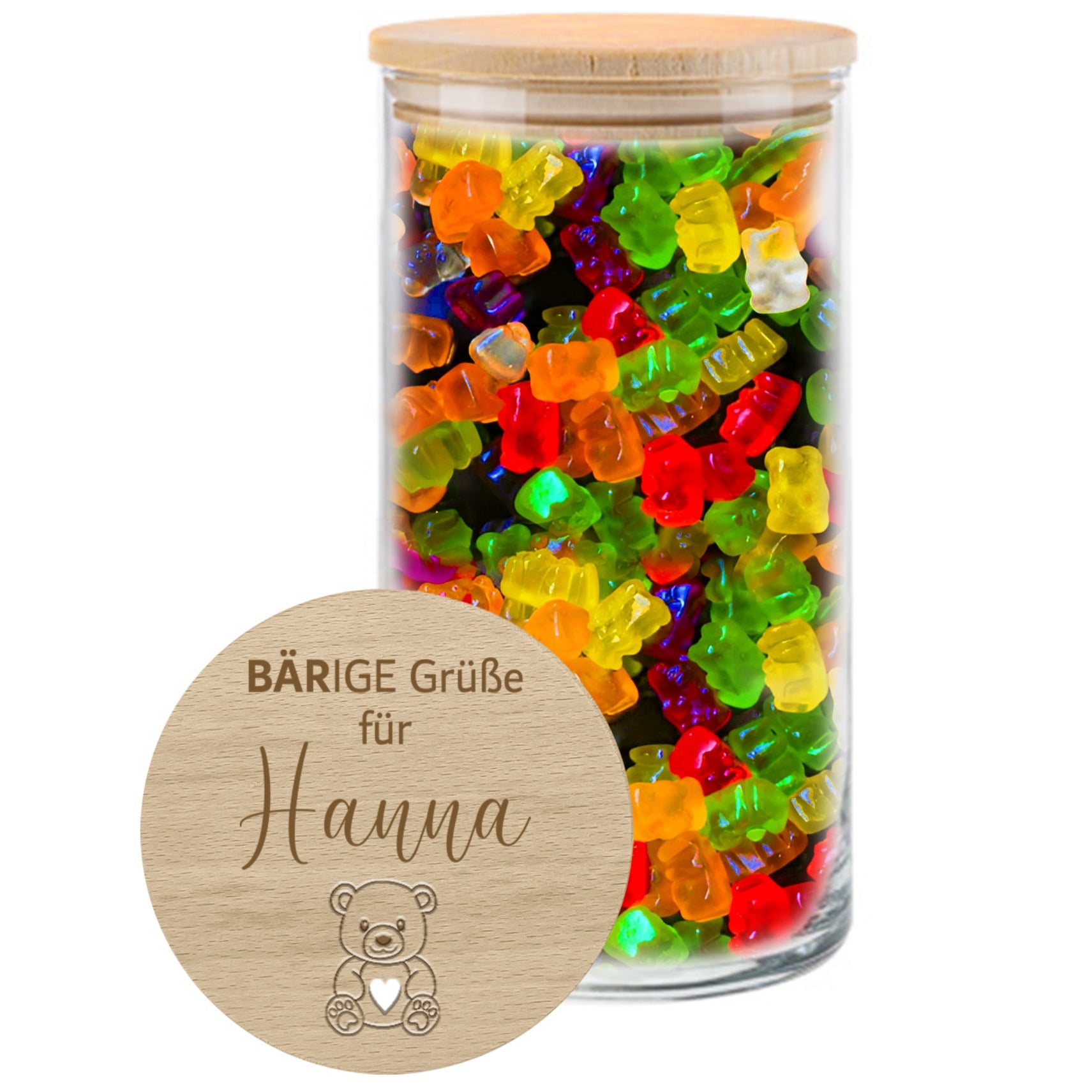 Geschenkglas mit Bärchen-Gravur und bunten Süßigkeiten – als originelle Verpackung für Gummibärchen.
