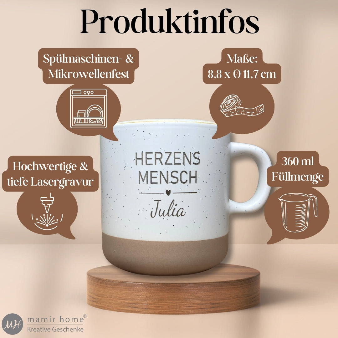 Herzensmensch Tasse mit Produktinfos: graviert, spülmaschinenfest, 360 ml Füllvolumen, hochwertiges Steingut