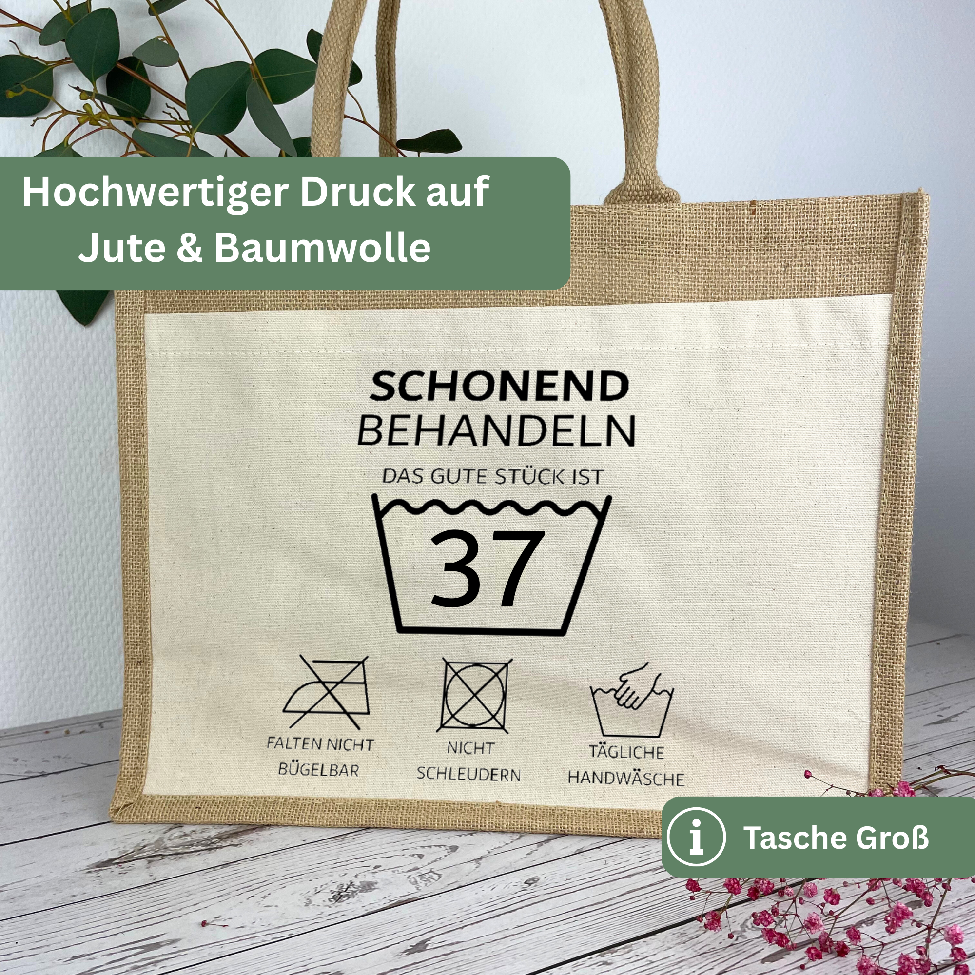 Personalisierte Jutetasche zum Geburtstag „Schonend behandeln“ – Lustiges Geburtstagsgeschenk mit Wunschzahl