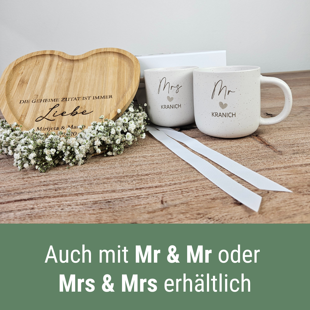 Hochzeitsgeschenk personalisiert – Mr & Mrs Tassen mit Namen & Herz-Tablett | Geschenk für das Brautpaar | Steingut Tasse Neutral