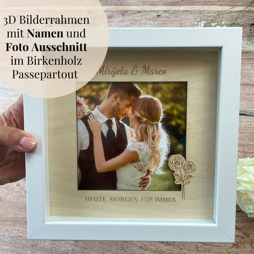 Bilderrahmen zur Hochzeit mit Gravur und Platz für Foto – liebevolles Geldgeschenk für das Brautpaar.
