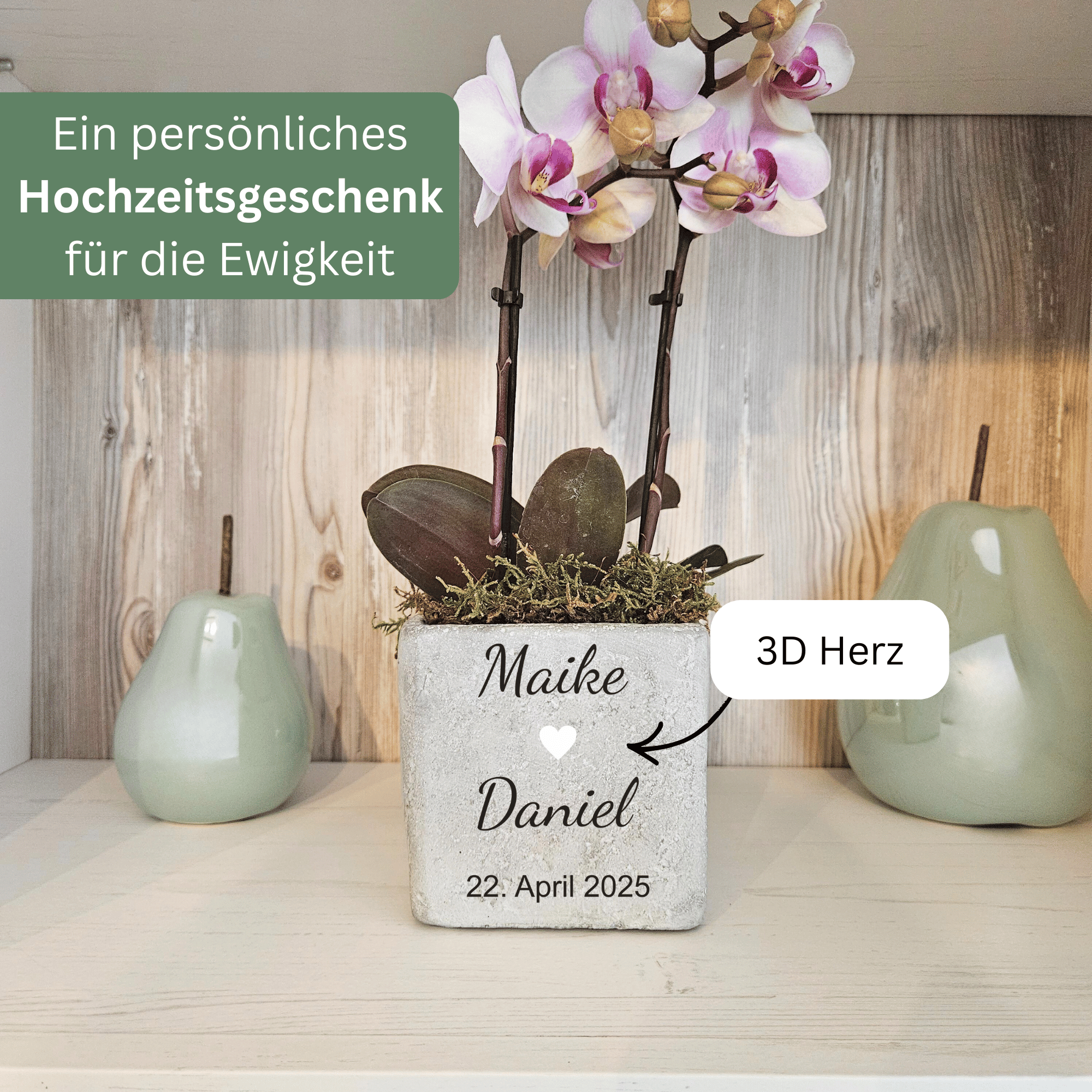 Geldgeschenk Hochzeit – Personalisierter Blumentopf mit Gravur aus Beton | Hochzeitsgeschenk für Brautpaar
