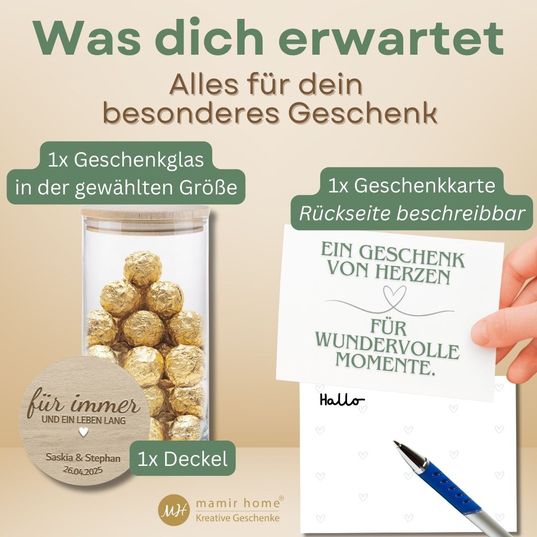 Personalisiertes Hochzeitsgeschenkglas mit Gravur 'für immer' und Namen