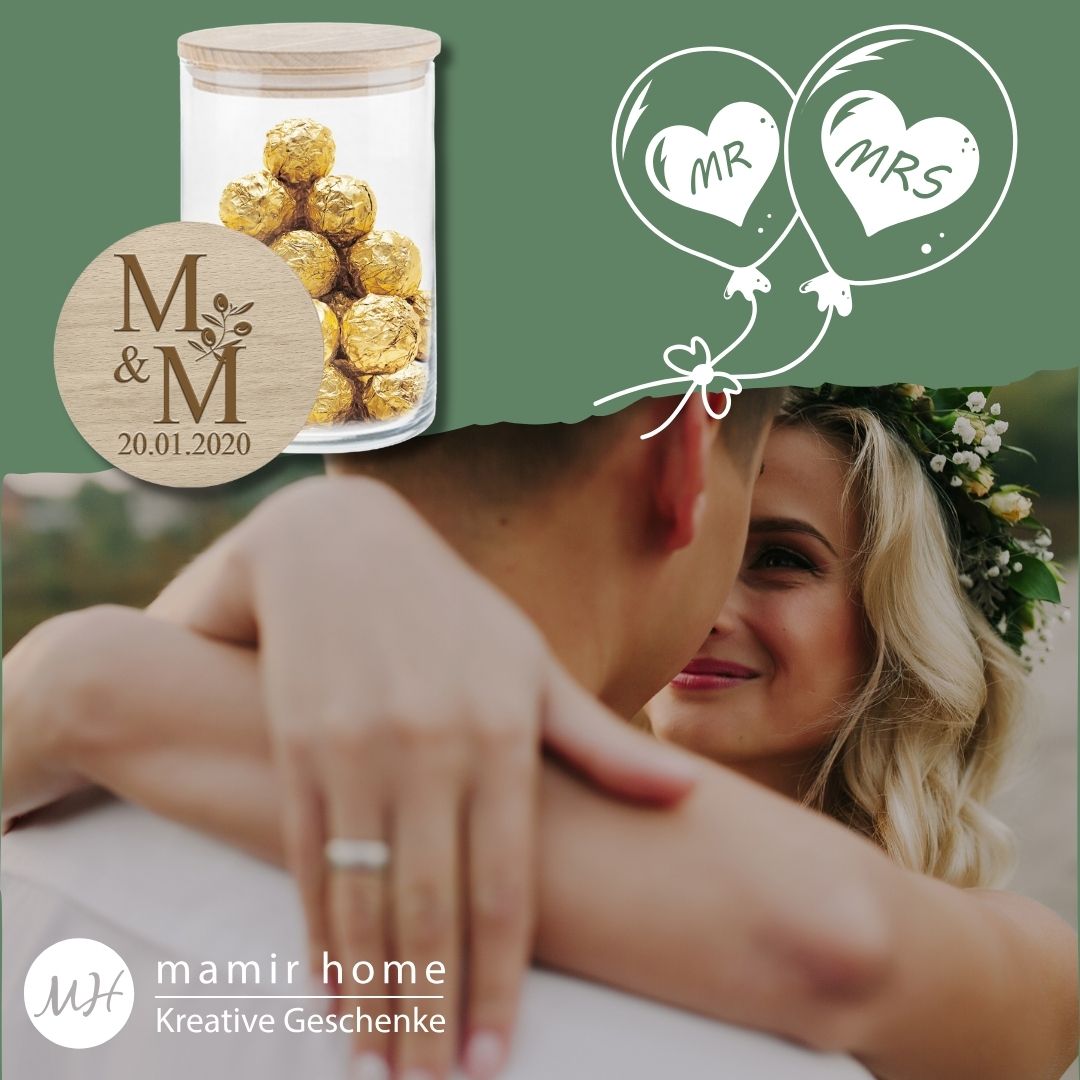 Vorratsglas zur Hochzeit mit Gravur von Initialen und Hochzeitsdatum