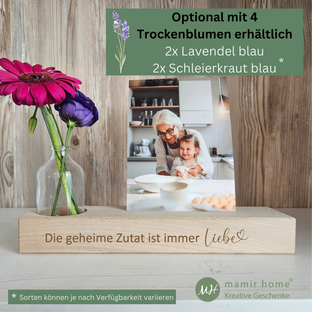 Hochzeitsgeschenk mit Trockenblumen und Foto – liebevoller Fotoständer aus Holz