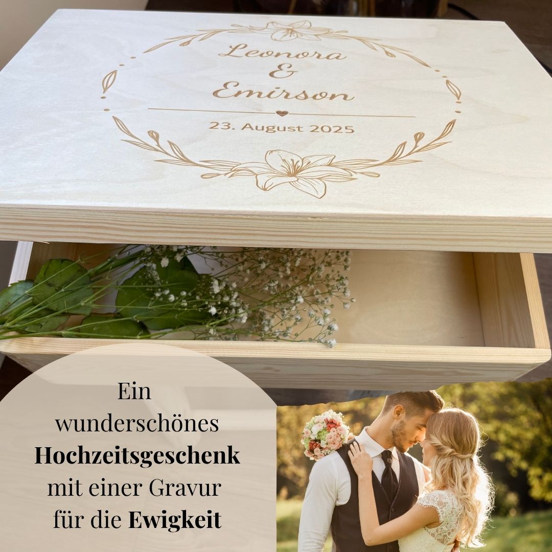 Romantisches Hochzeitsgeschenk mit Gravur für die Ewigkeit – personalisierte Erinnerungskiste mit floraler Verzierung.