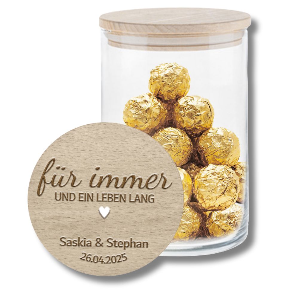 Hochzeitsgeschenkglas mit beschriftbarer Karte und Gravurdeckel