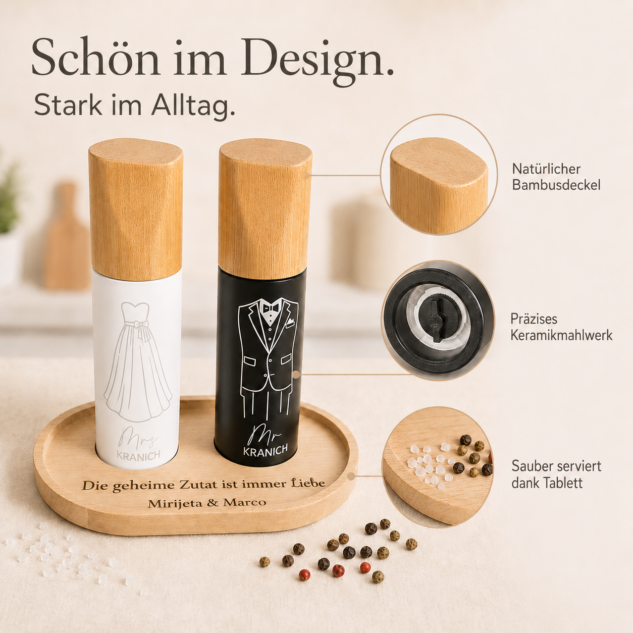 Personalisierte Salz- und Pfeffermühlen mit natürlichen Bambusdeckeln, Mahlwerk und passendem Holztablett für eine saubere Aufbewahrung.