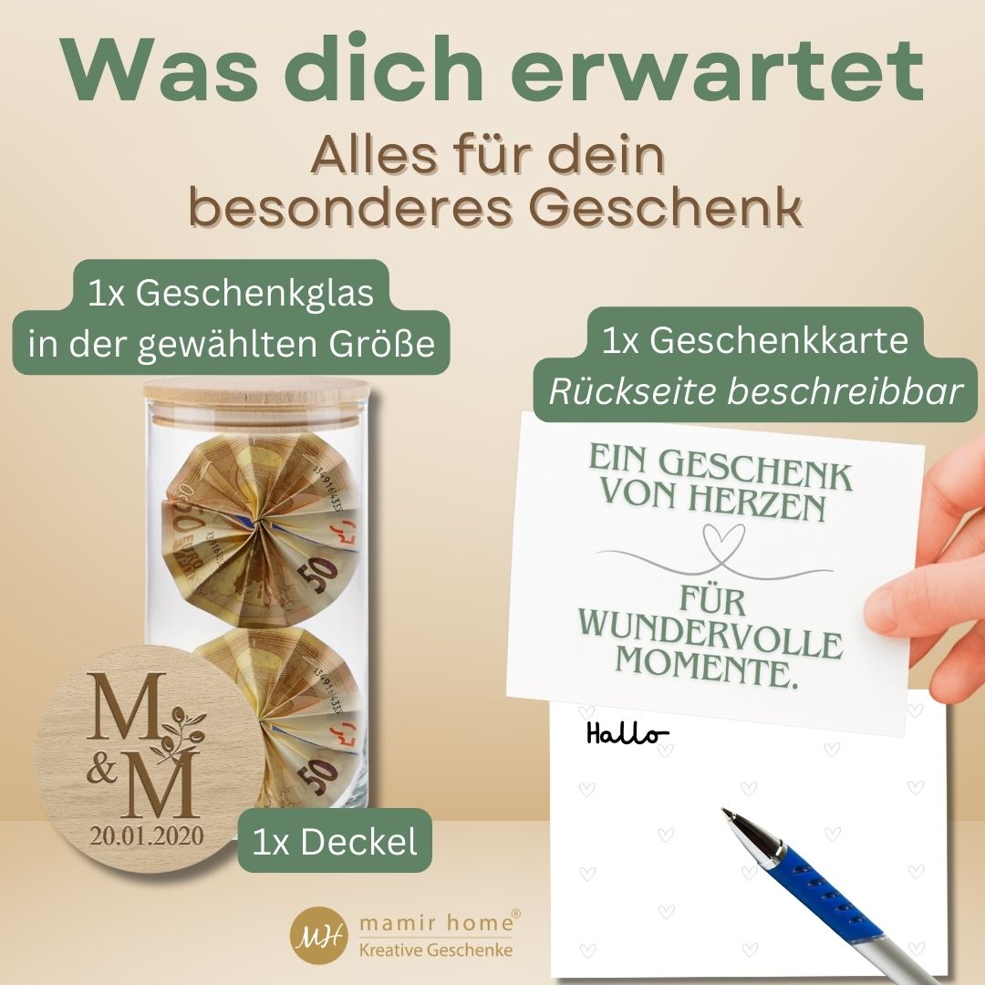 Personalisierbares Hochzeitsglas mit Initialen und Datum als Geldgeschenk