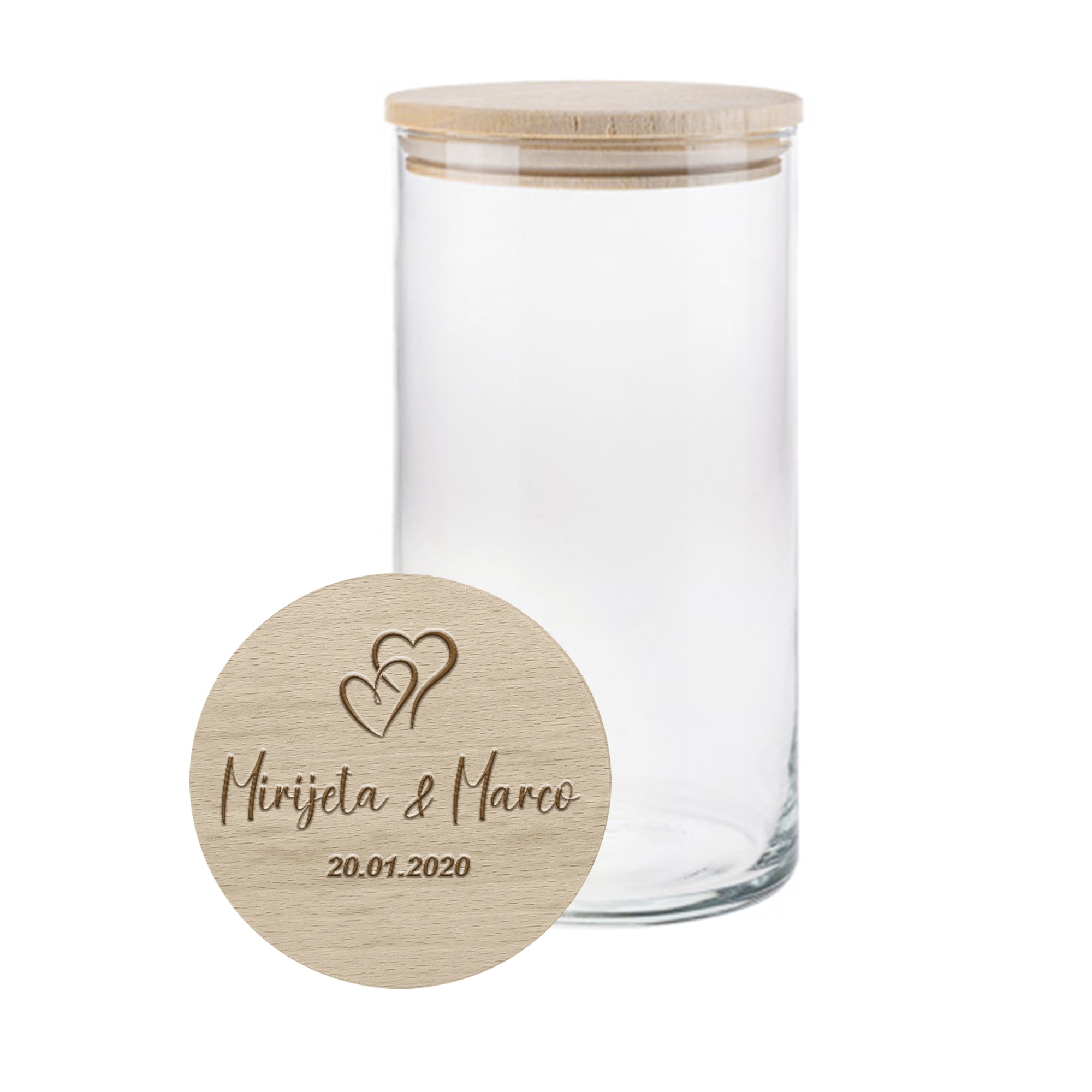 Personalisiertes Vorratsglas mit Holzdeckel und Gravur von Namen und Hochzeitsdatum – stilvolles Hochzeitsgeschenk für das Brautpaar oder Geldgeschenk zur Hochzeit.