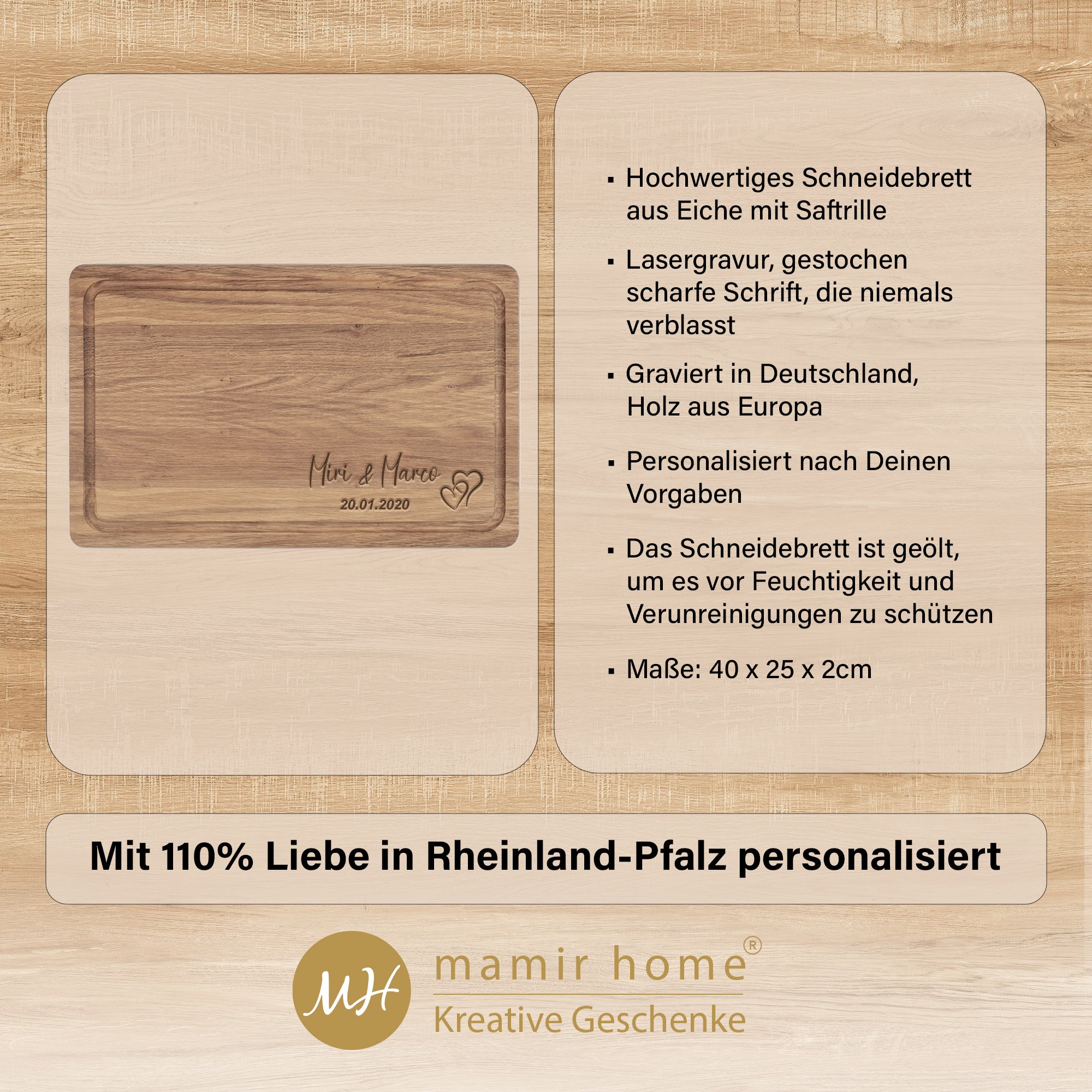 Infobild zum Schneidebrett Hochzeit mit Eigenschaften wie Eiche, Saftrille und Personalisierung