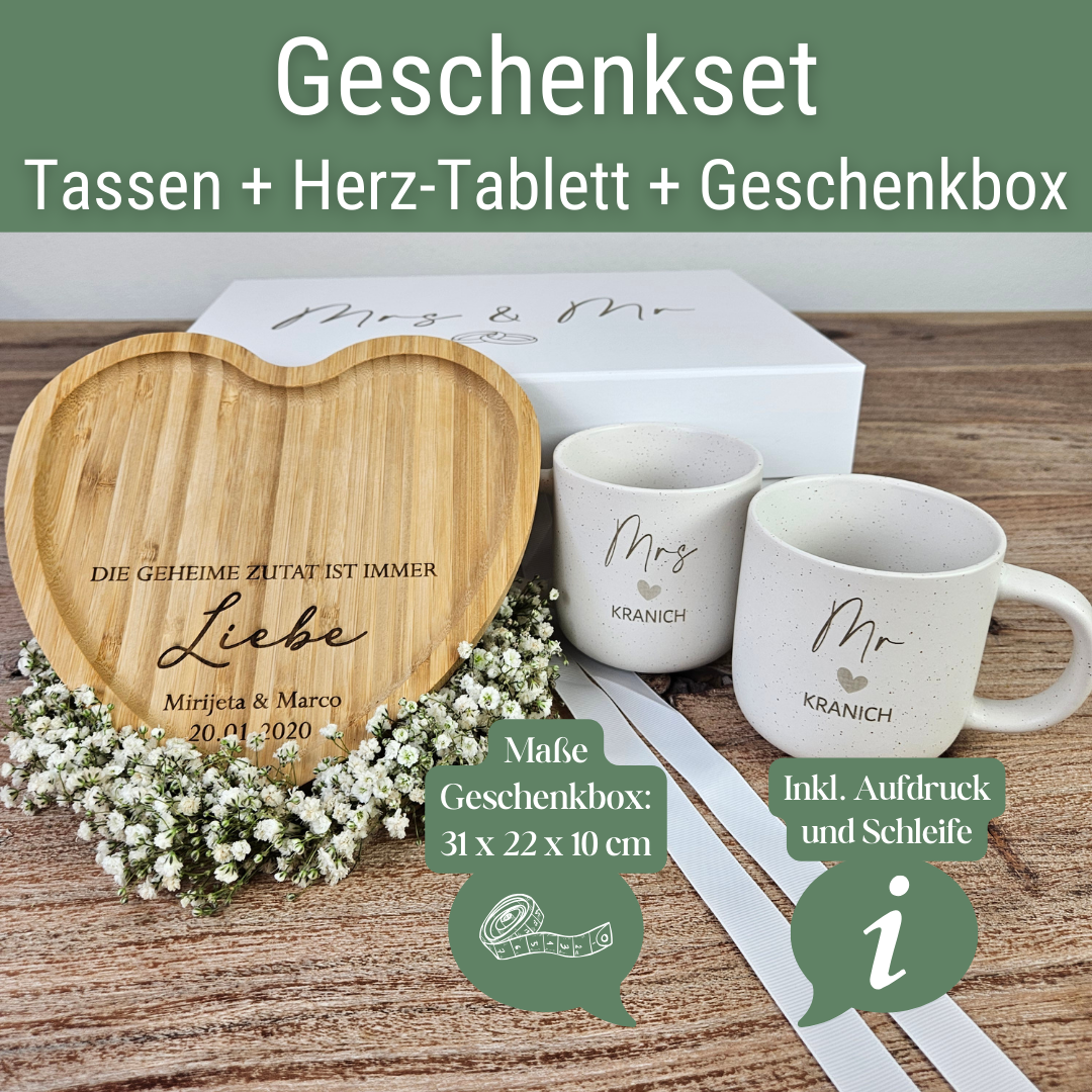 Hochzeitsgeschenk personalisiert – Mr & Mrs Tassen mit Namen & Herz-Tablett | Geschenk für das Brautpaar | Steingut Tasse Neutral