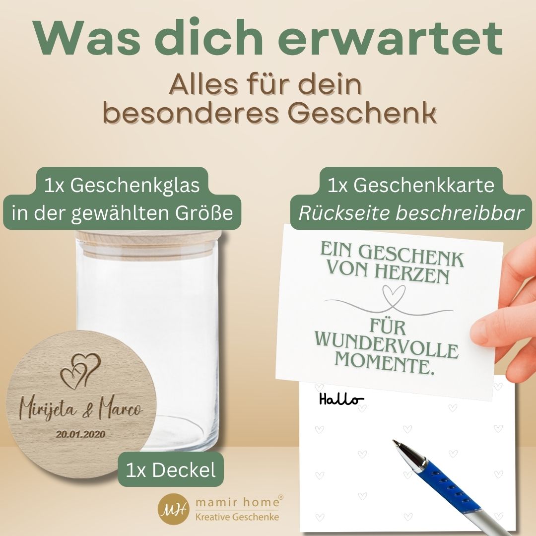 Was ist enthalten: 1x personalisiertes Hochzeitsglas mit Deckel & Gravur, 1x beschreibbare Geschenkkarte – liebevoll verpackt für das Brautpaar.