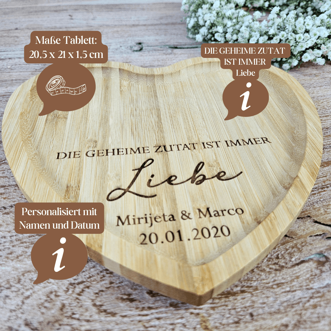Hochzeitsgeschenk personalisiert mit Herz-Tablett | Mr & Mrs Tassen mit Namen | Geschenkset Hochzeit mit Geschenkbox