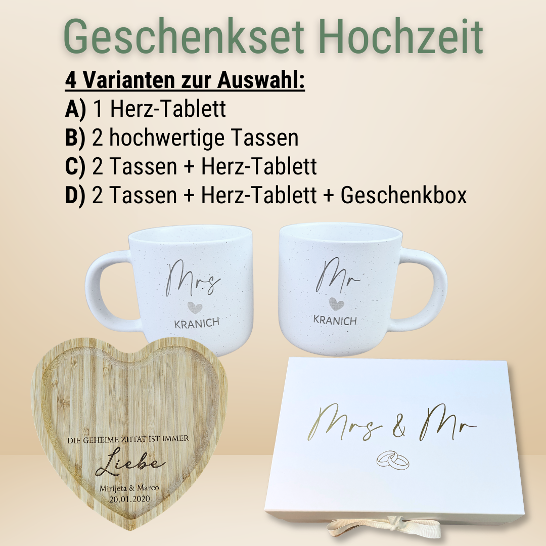 Hochzeitsgeschenk personalisiert – Mr & Mrs Tassen mit Namen & Herz-Tablett | Geschenk für das Brautpaar | Steingut Tasse Neutral