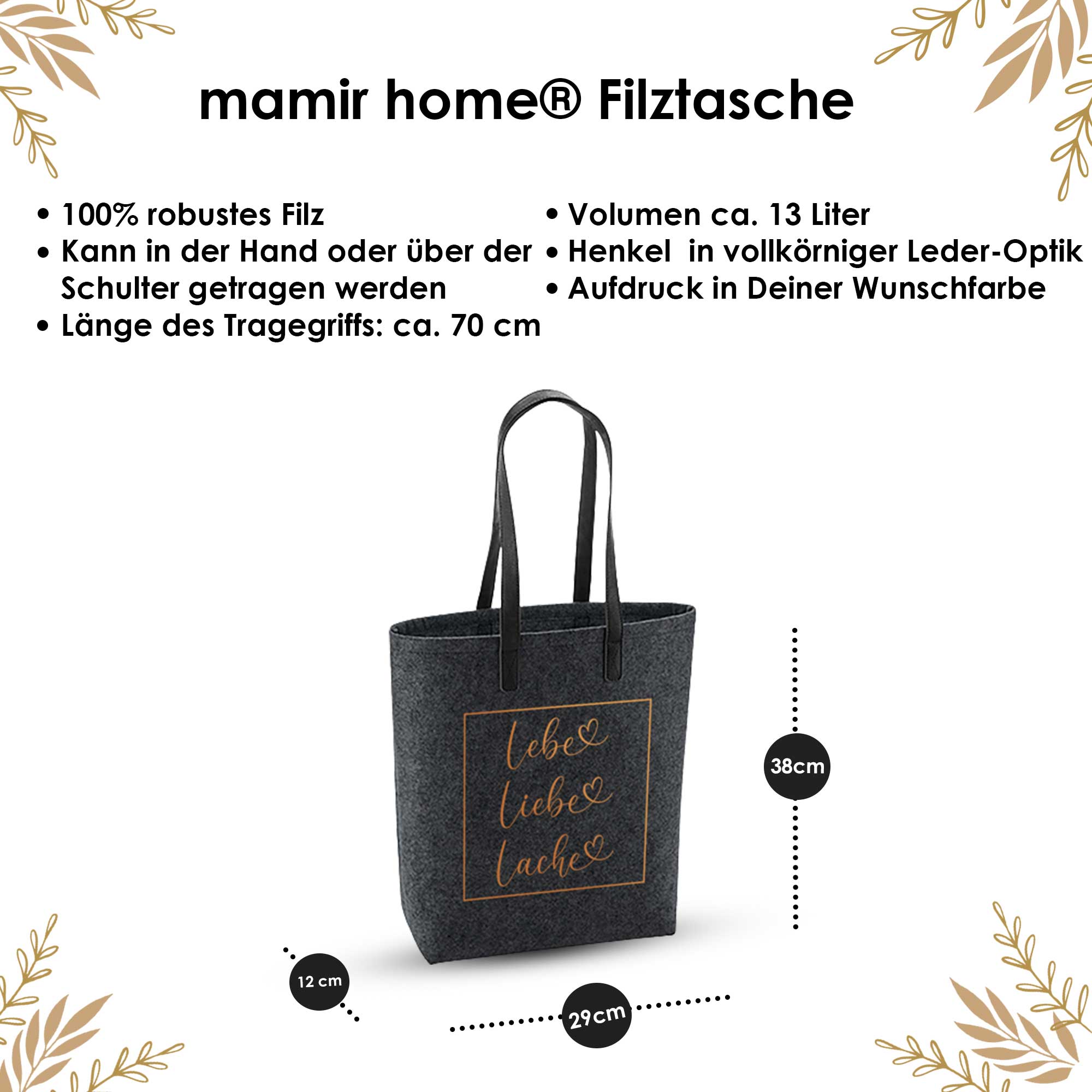 Infobild zur Filztasche Lebe Liebe Lache mit Maßen, Material und Details – Geschenkidee mit Botschaft