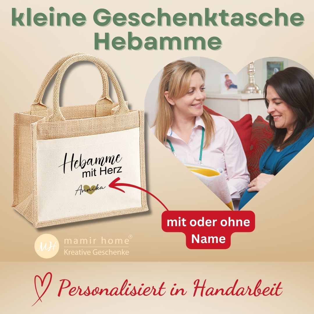 Infobild zur personalisierten Jutetasche Hebamme mit Herz – handgefertigtes Geschenk mit oder ohne Namen