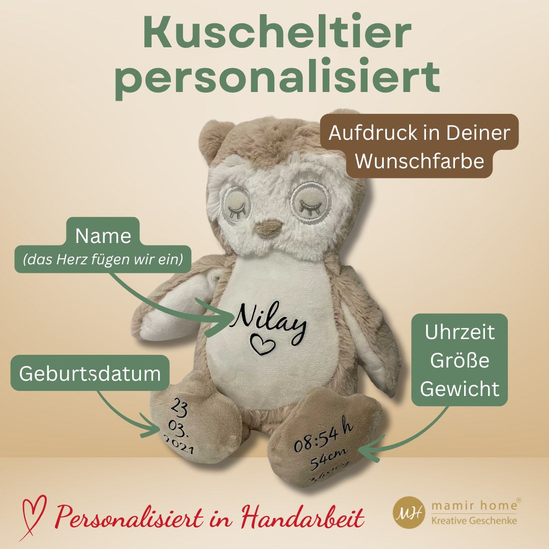 Infografik zur personalisierten Kuscheltier-Eule mit Beschriftung von Name, Geburtsdatum, Uhrzeit, Gewicht und Größe