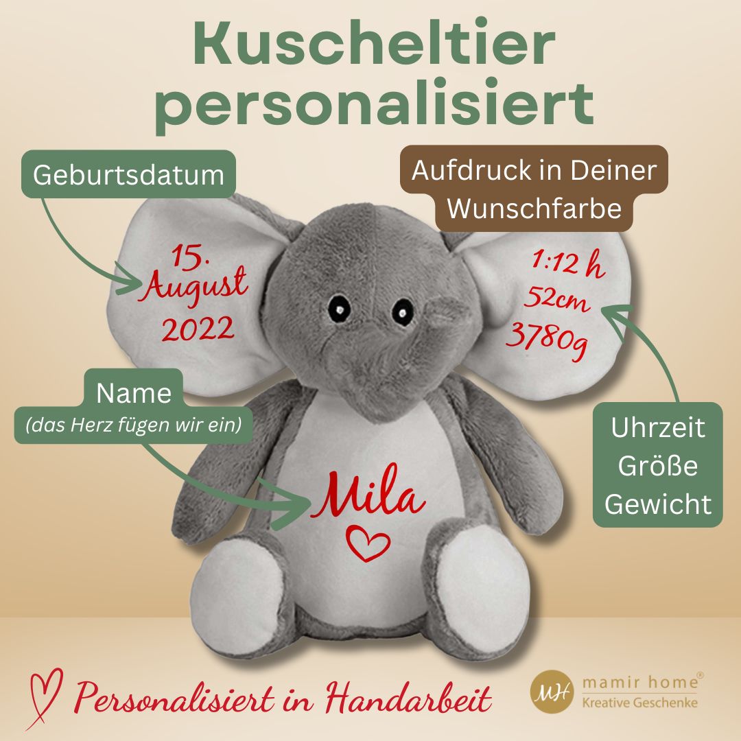Infobild personalisierter Elefant – Kuscheltier mit Name, Geburtsdaten und Aufdruck in Wunschfarbe