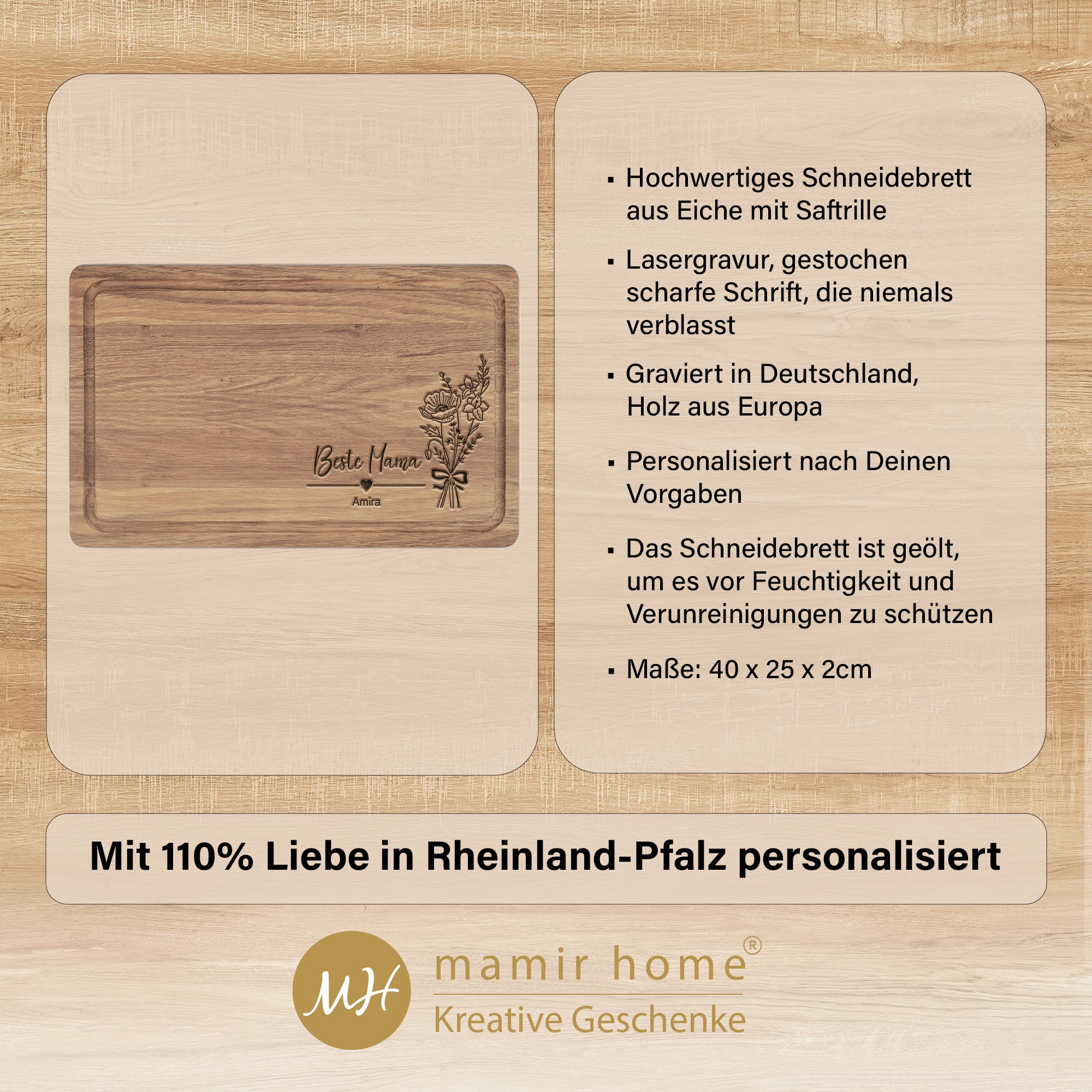 Infobild zum Schneidebrett mit Gravur „Beste Mama“ – aus Eichenholz, geölt, mit individueller Personalisierung