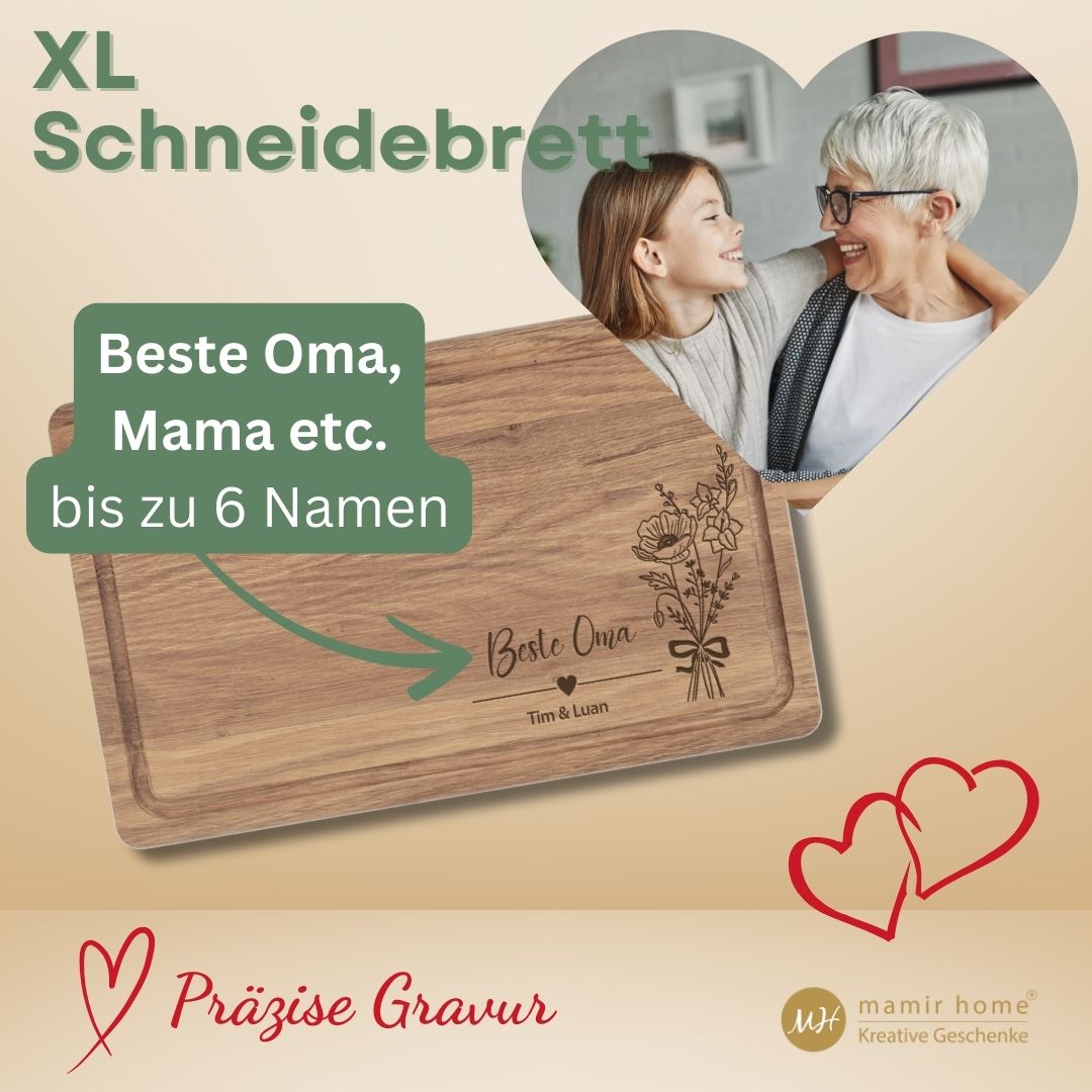 Infobild zum Schneidebrett „Beste Oma“ mit Gravur, Herzbild von Enkelin und Oma, Hinweis auf bis zu 6 Namen personalisierbar