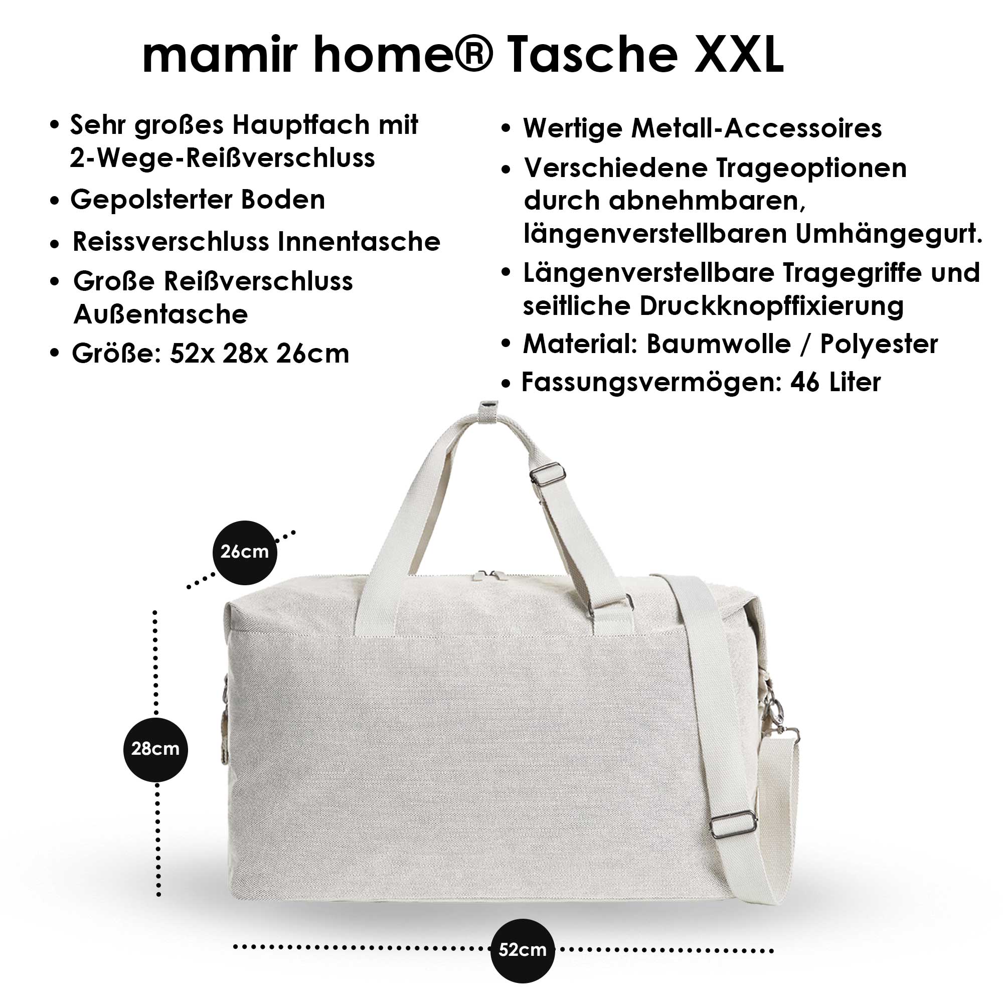 Grafik mit Infos zu Funktionen, Volumen und Tragevarianten der Tasche