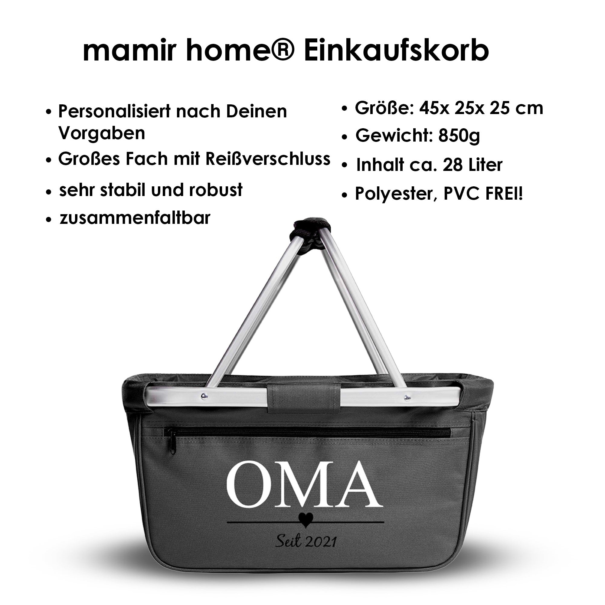 Details zum personalisierten Einkaufskorb für Oma – Eigenschaften als Übersicht