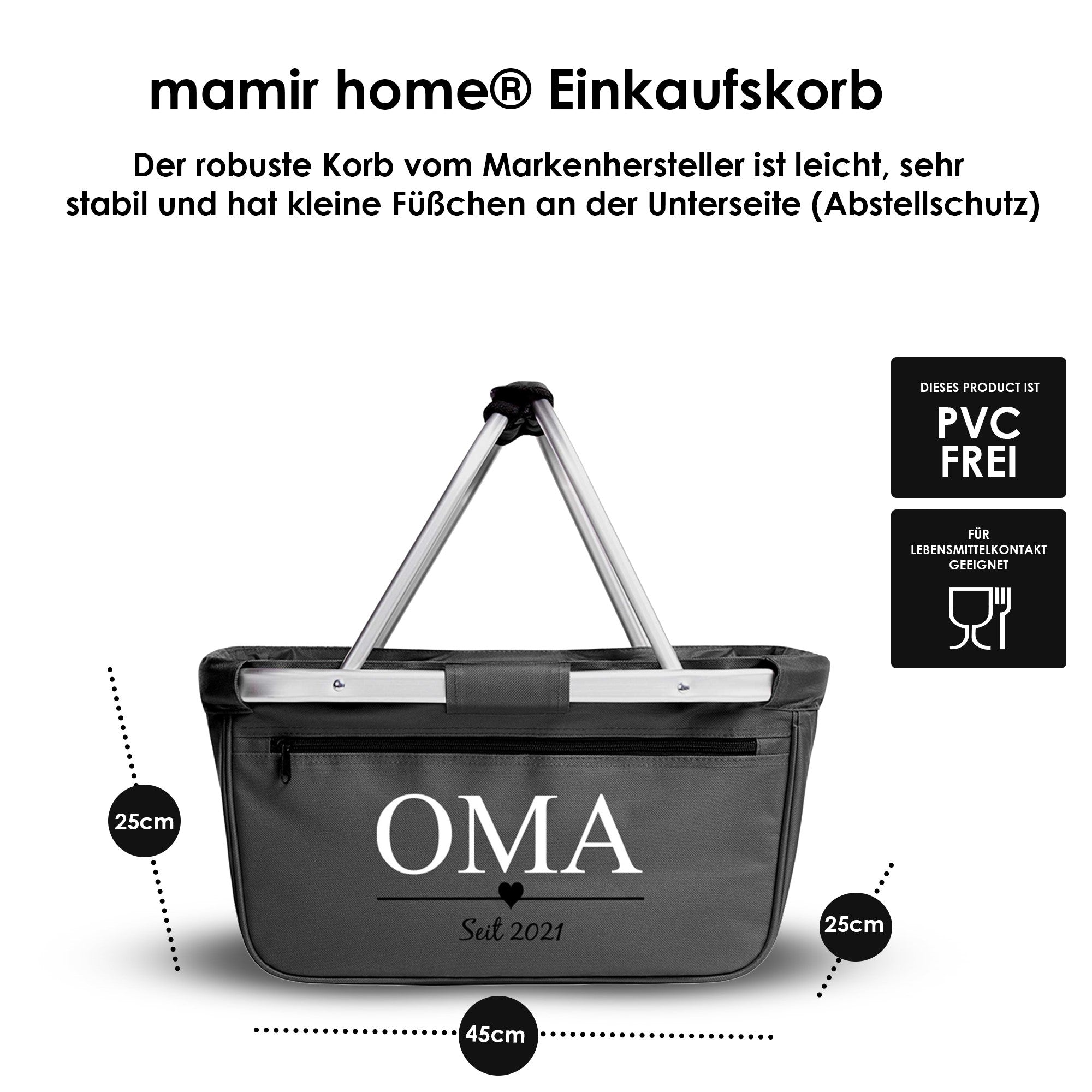 Größenangaben des personalisierten Einkaufskorbs für Oma – Infografik