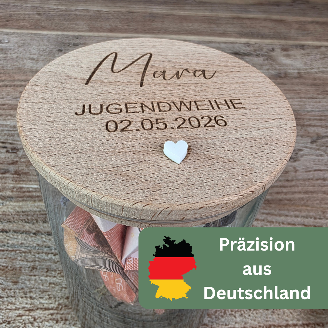 Modernes Jugendweihe Geschenk für Mädchen personalisiert mit Gravur, dekoratives Glas mit Holzdeckel und liebevollem 3D Herz